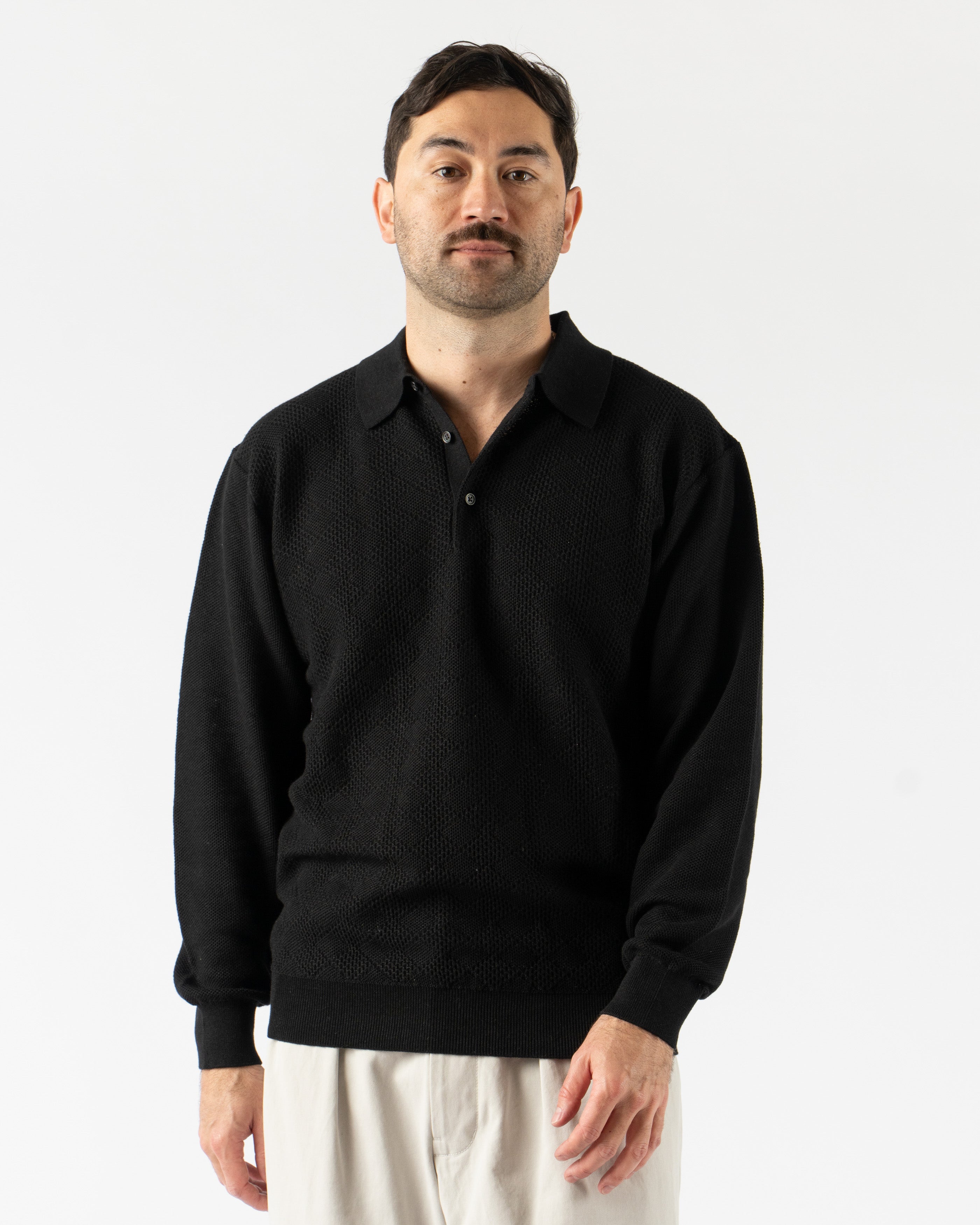 Beams Plus Diamond Knit Polo in Black – sophisticated short sleeve polo featuring an all-over diamond knit pattern, crafted from soft cotton with a ribbed collar, cuffs, and hem for a textured yet polished look.