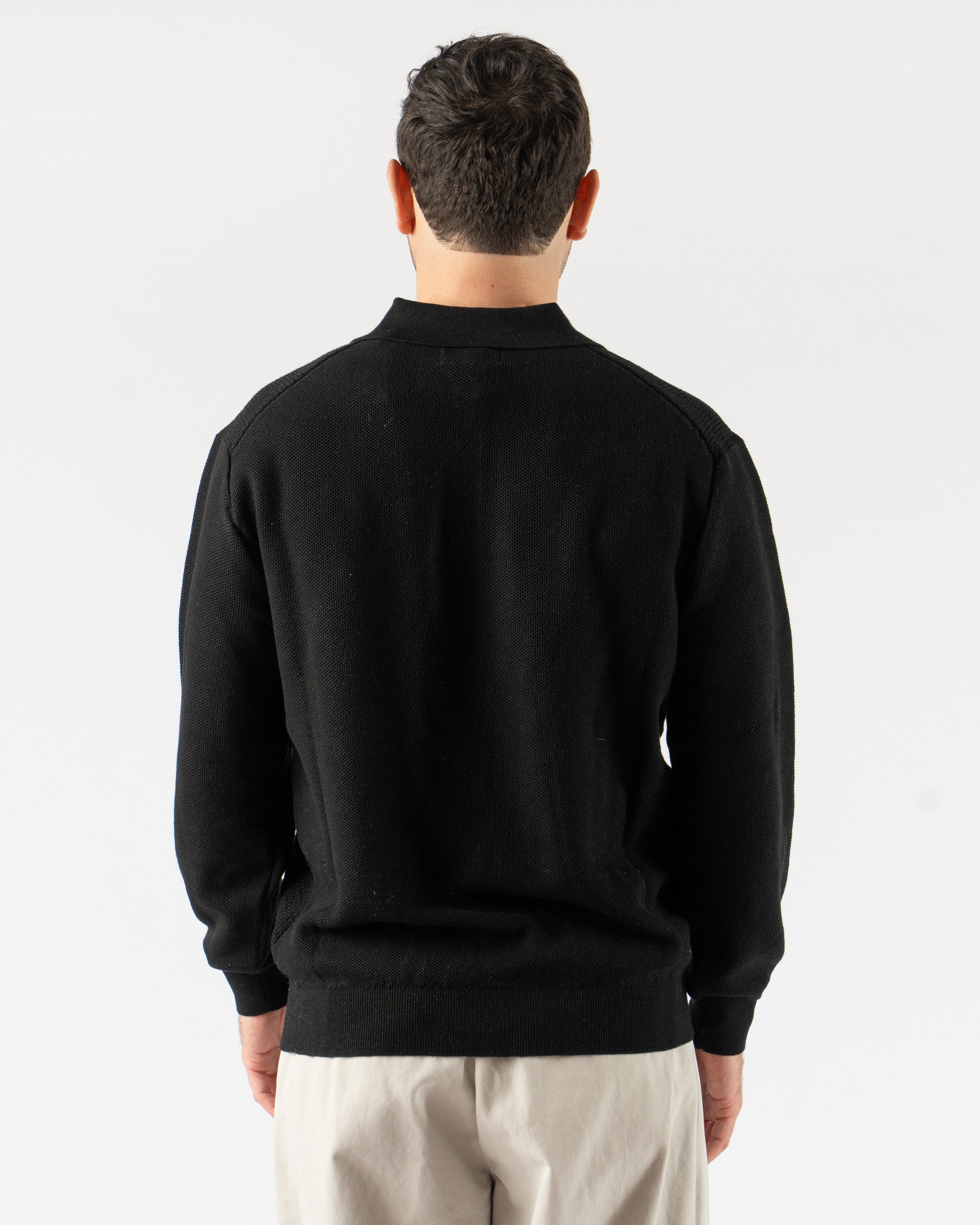 Beams Plus Diamond Knit Polo in Black – sophisticated short sleeve polo featuring an all-over diamond knit pattern, crafted from soft cotton with a ribbed collar, cuffs, and hem for a textured yet polished look.