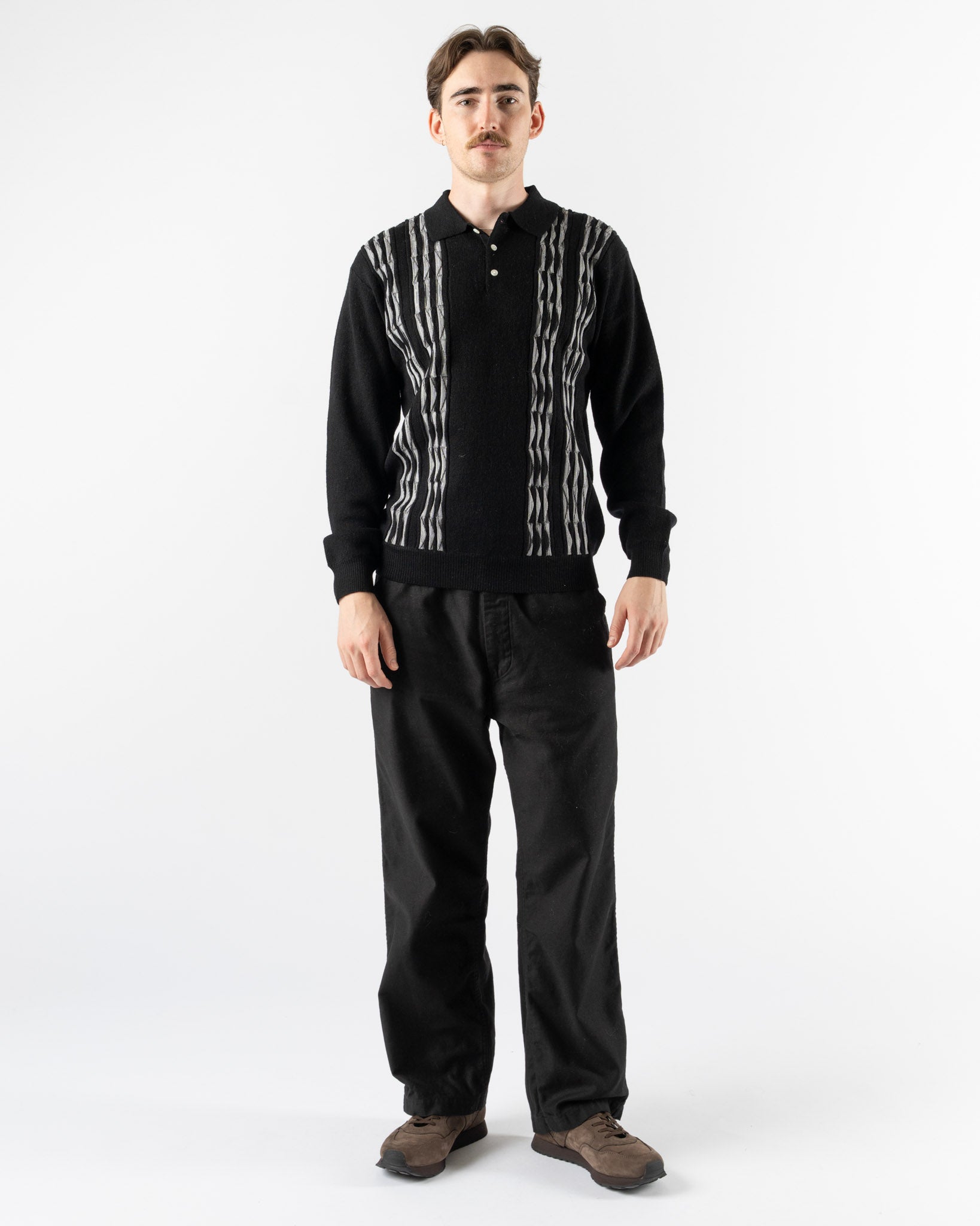 Beams Plus Knit Polo in Born Stripe 14G Black Curated at Jake and