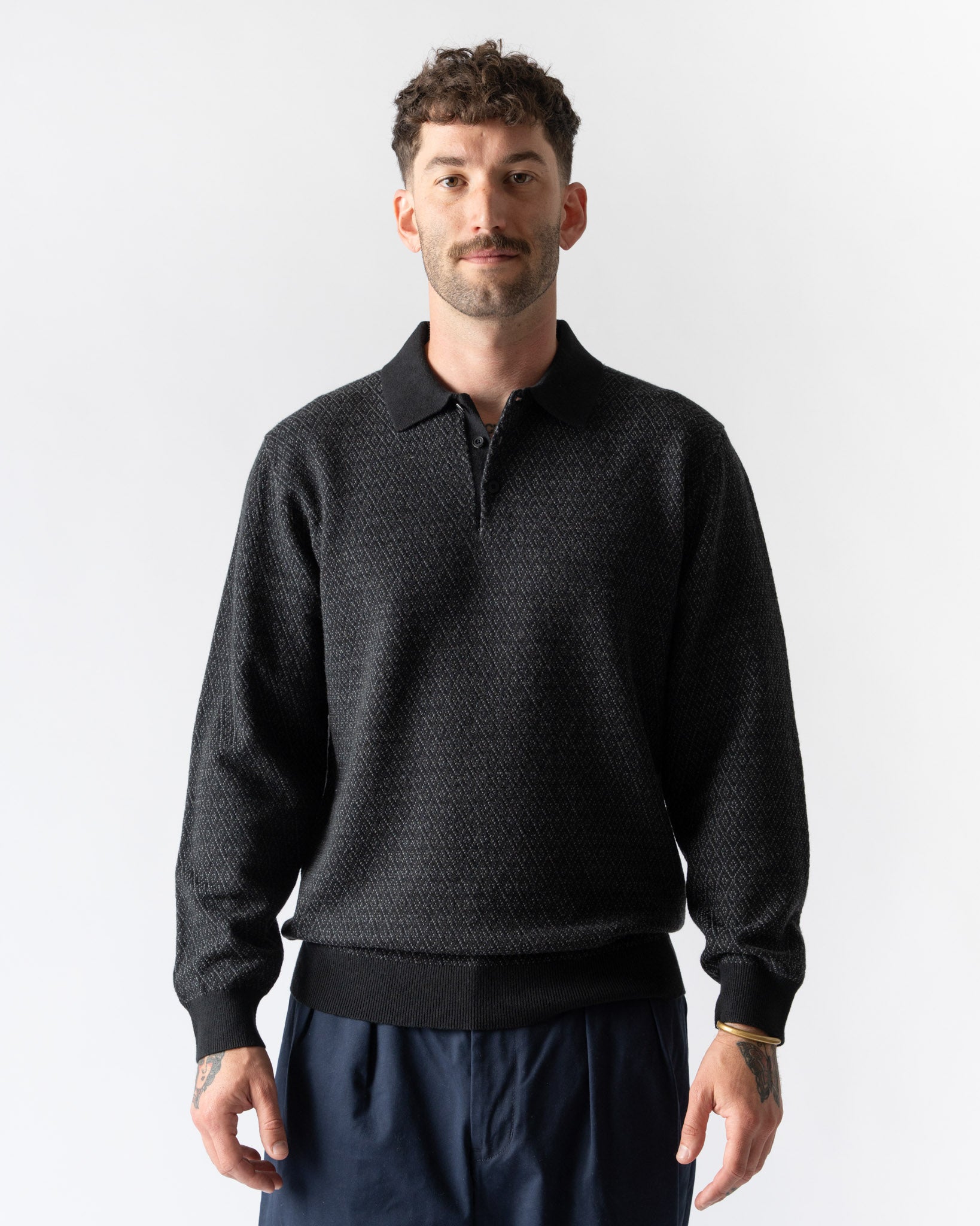 Beams Plus Knit Polo in Diamond Pattern Black