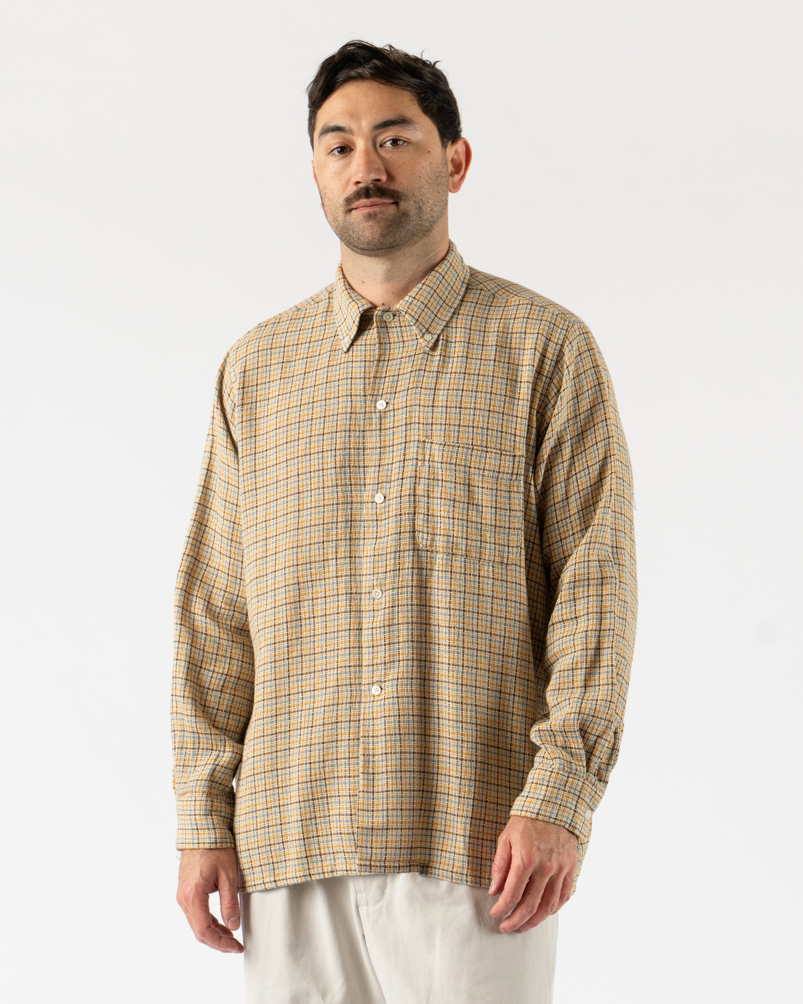 Beams Plus Open B.D. Gunclub Mesh Shirt in Beige – lightweight, breathable button-down shirt featuring a classic gunclub check pattern, open collar design, and mesh-like texture for a vintage-meets-sporty summer style.