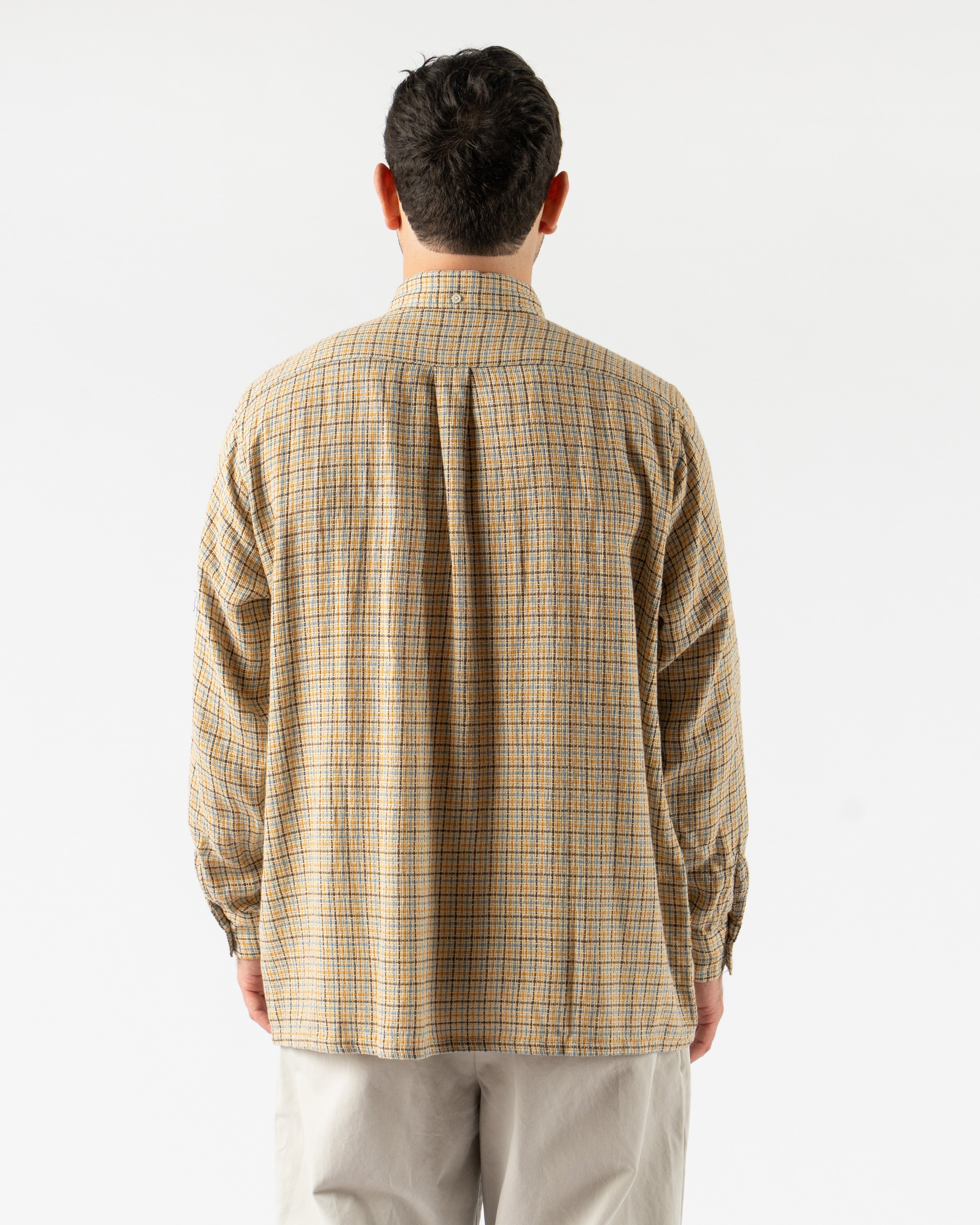 Beams Plus Open B.D. Gunclub Mesh Shirt in Beige – lightweight, breathable button-down shirt featuring a classic gunclub check pattern, open collar design, and mesh-like texture for a vintage-meets-sporty summer style.
