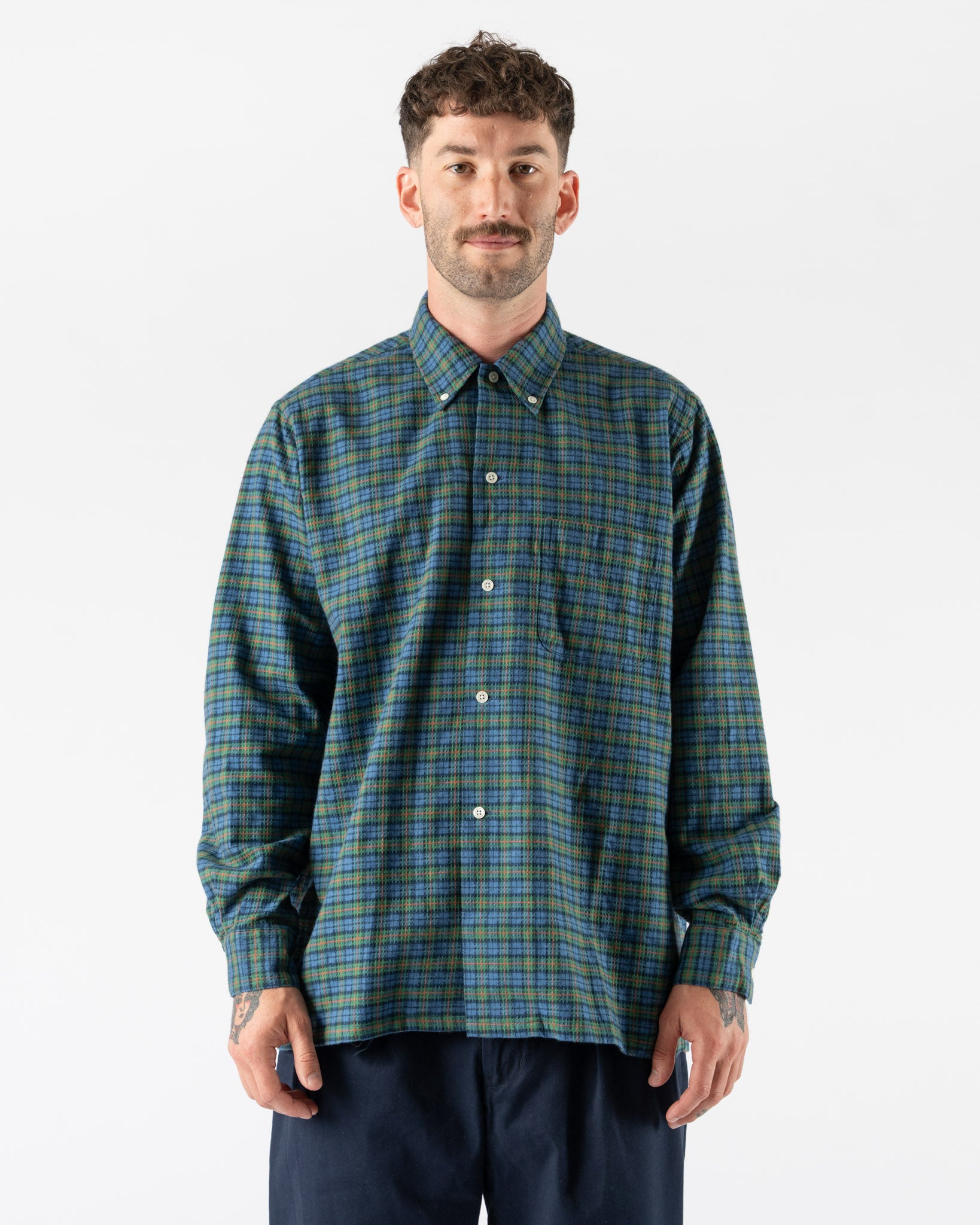 Beams Plus Open B.D. in Blue Dobby Plaid
