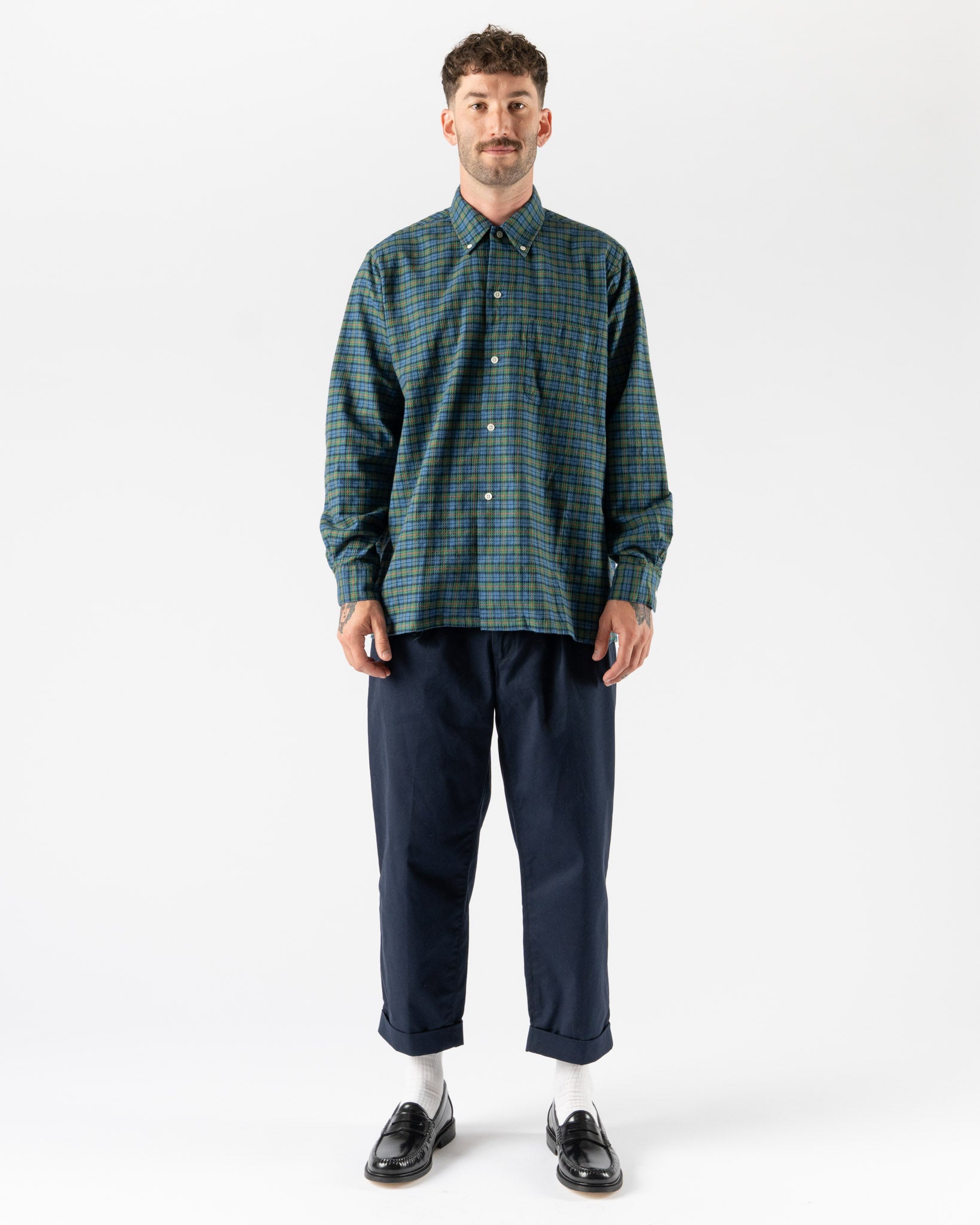 Beams Plus Open B.D. in Blue Dobby Plaid