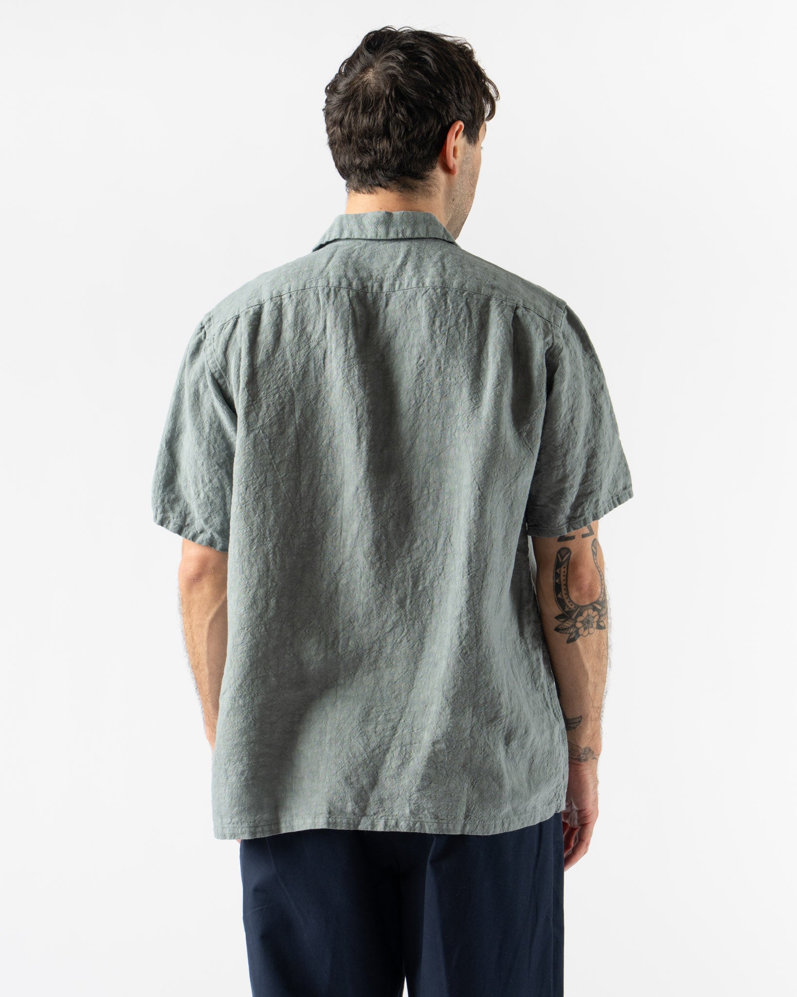 Beams Plus Open Collar 1/40 Linen Shirt in Sax