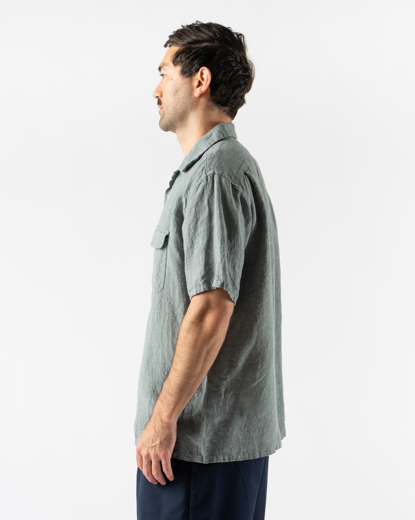 Beams Plus Open Collar 1/40 Linen Shirt in Sax