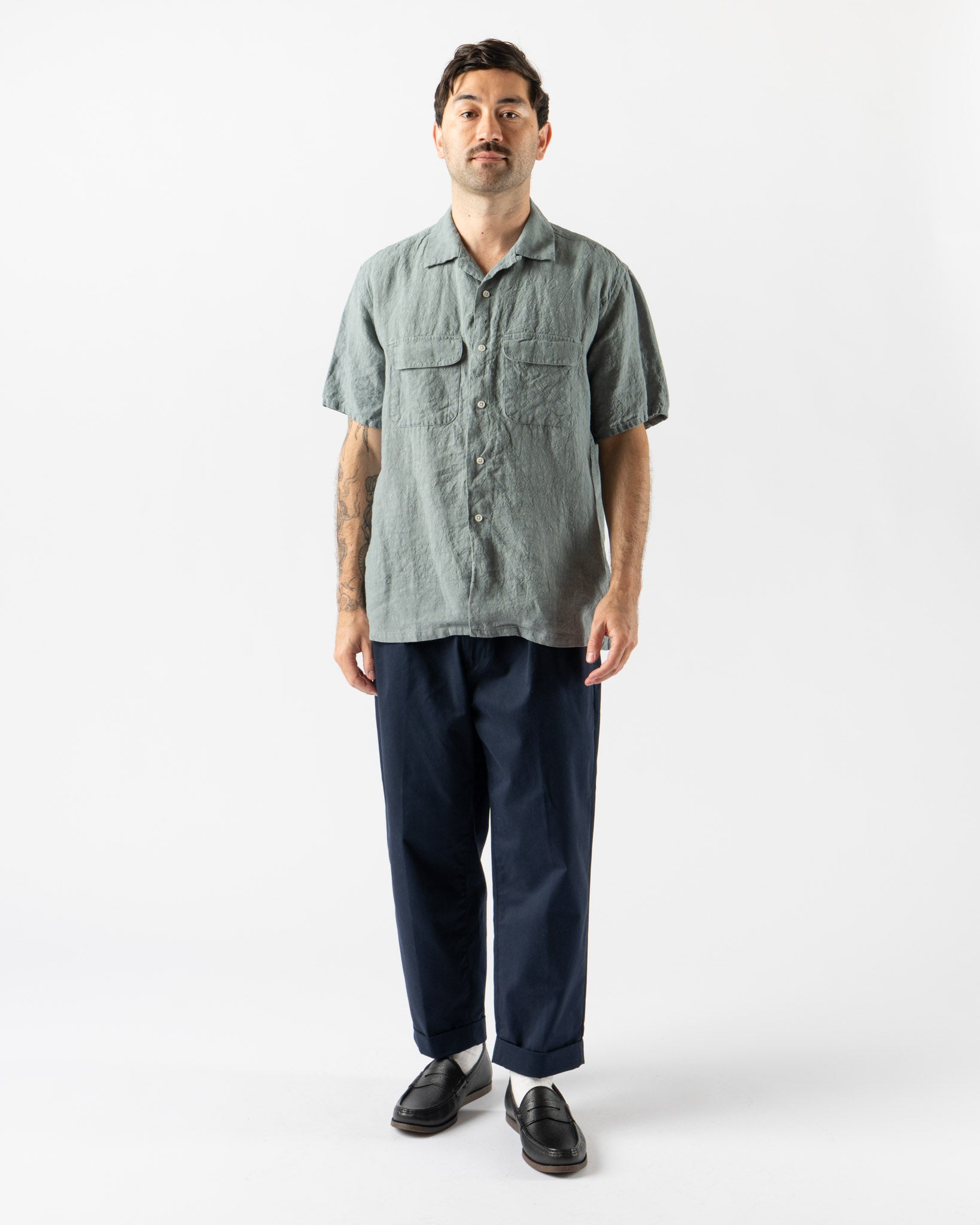 Beams Plus Open Collar 1/40 Linen Shirt in Sax