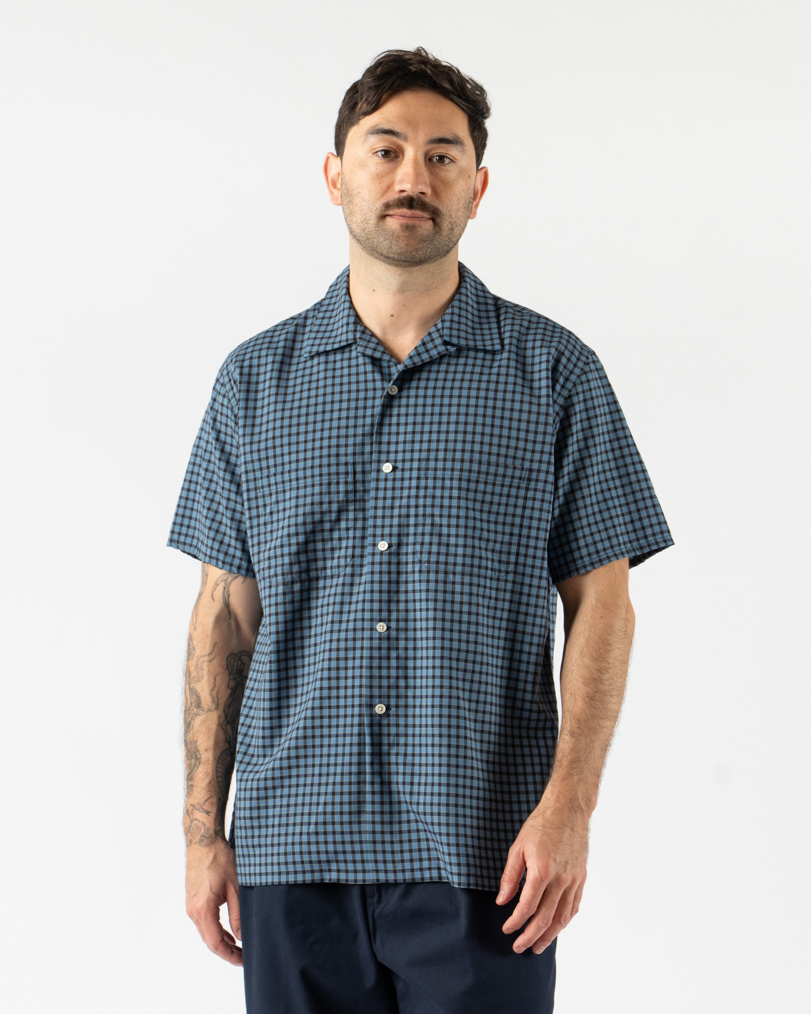 Beams Plus Open Collar Washable Wool Plaid Shirt in Blue featuring soft washable wool and relaxed vintage styling