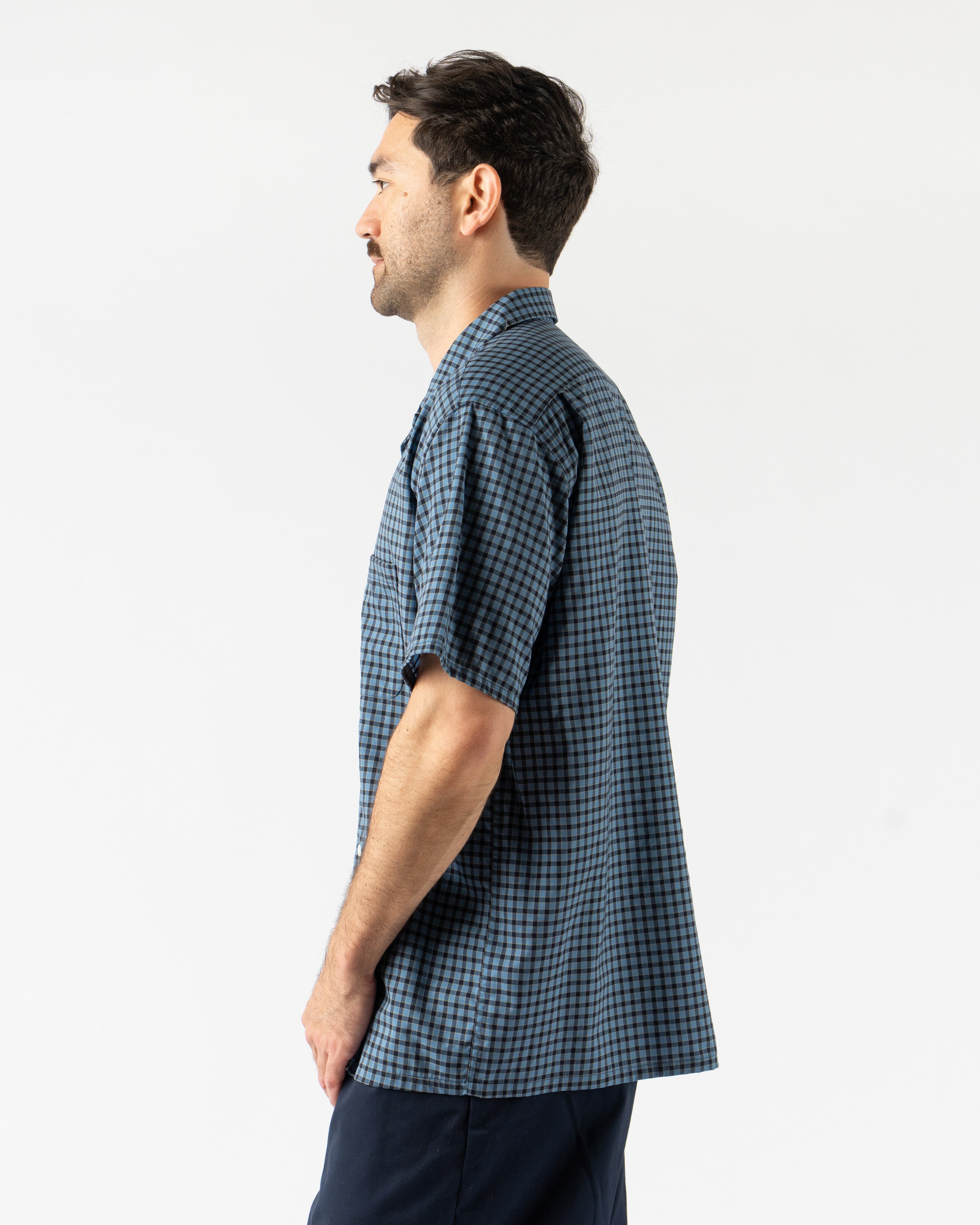 Washable wool Beams Plus Plaid Shirt in blue with open collar design, perfect for lightweight layering