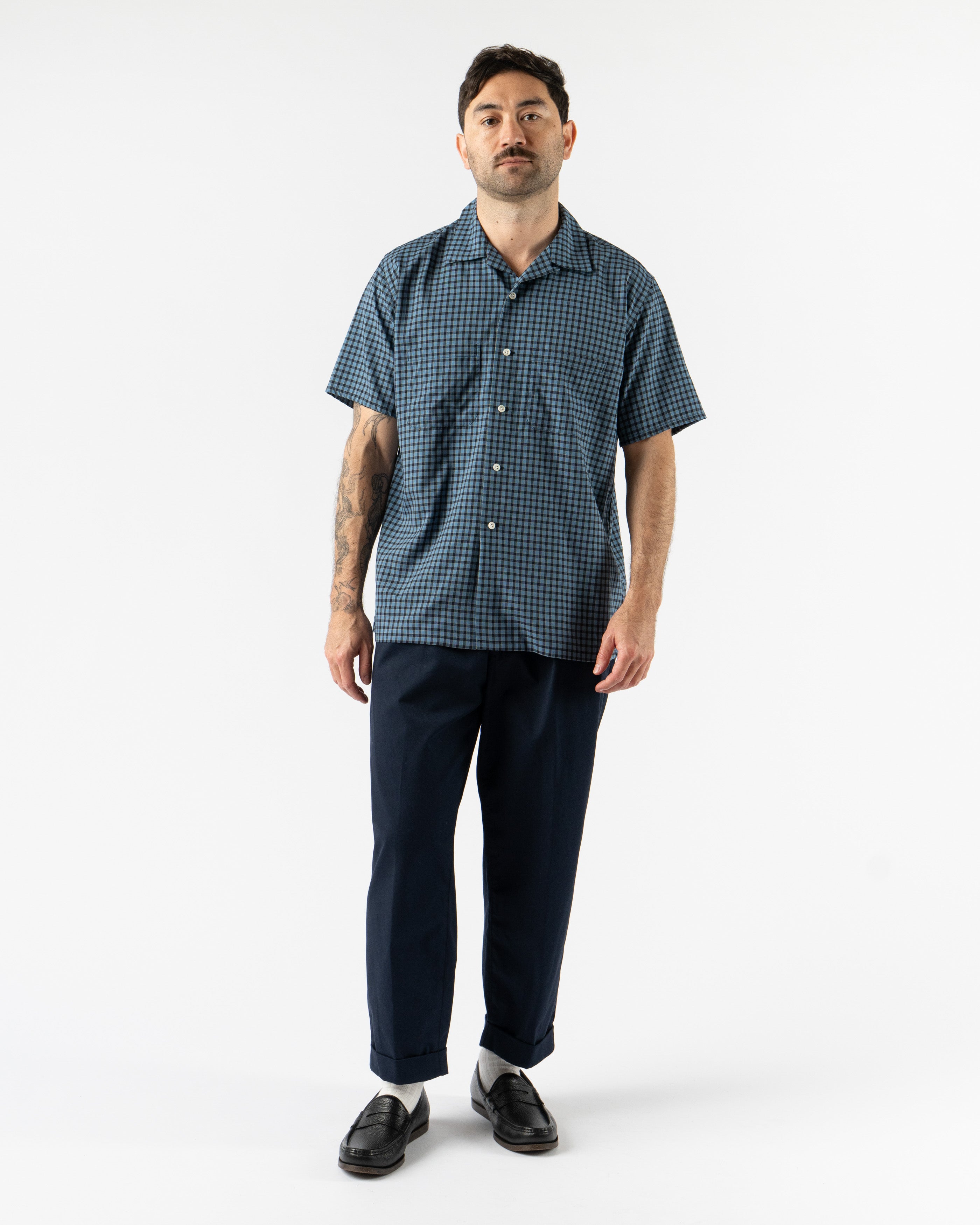 Men’s Beams Plus Open Collar Washable Wool Plaid Shirt in Blue – breathable wool shirt with classic plaid pattern