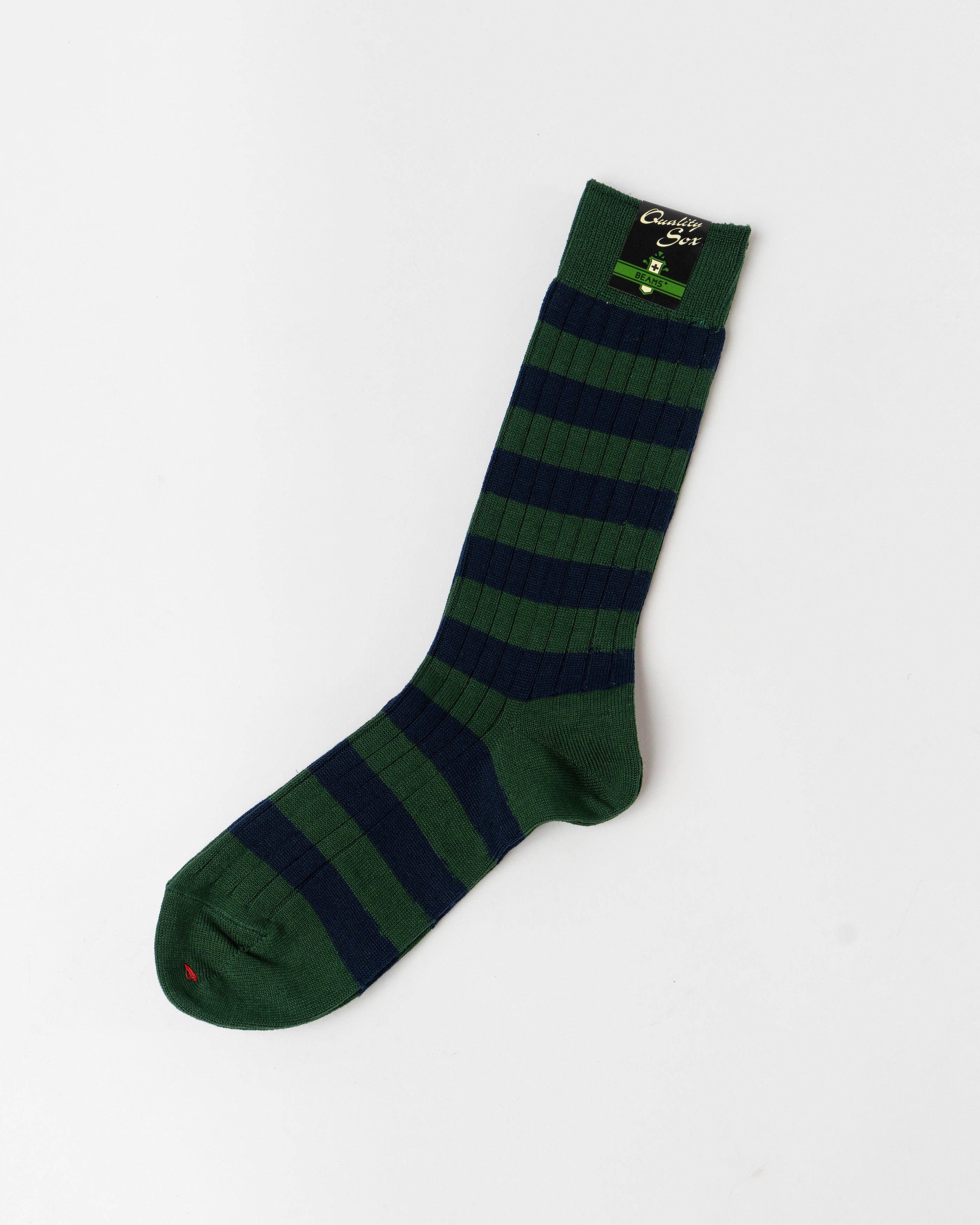 Beams Plus Rib Stripe Socks in Green featuring ribbed texture, bold stripe design, and comfortable cotton blend