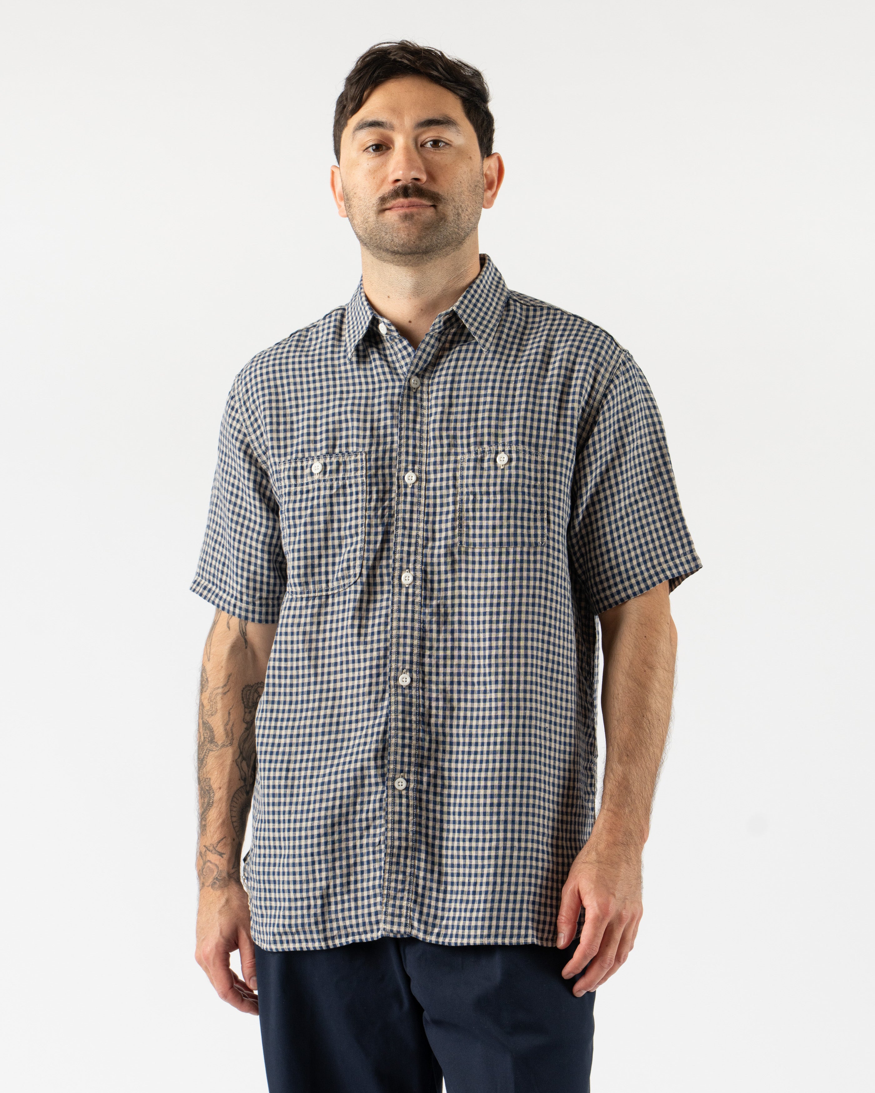 Beams Plus Work Short Sleeve Linen Shirt in Plaid featuring lightweight breathable linen and relaxed fit