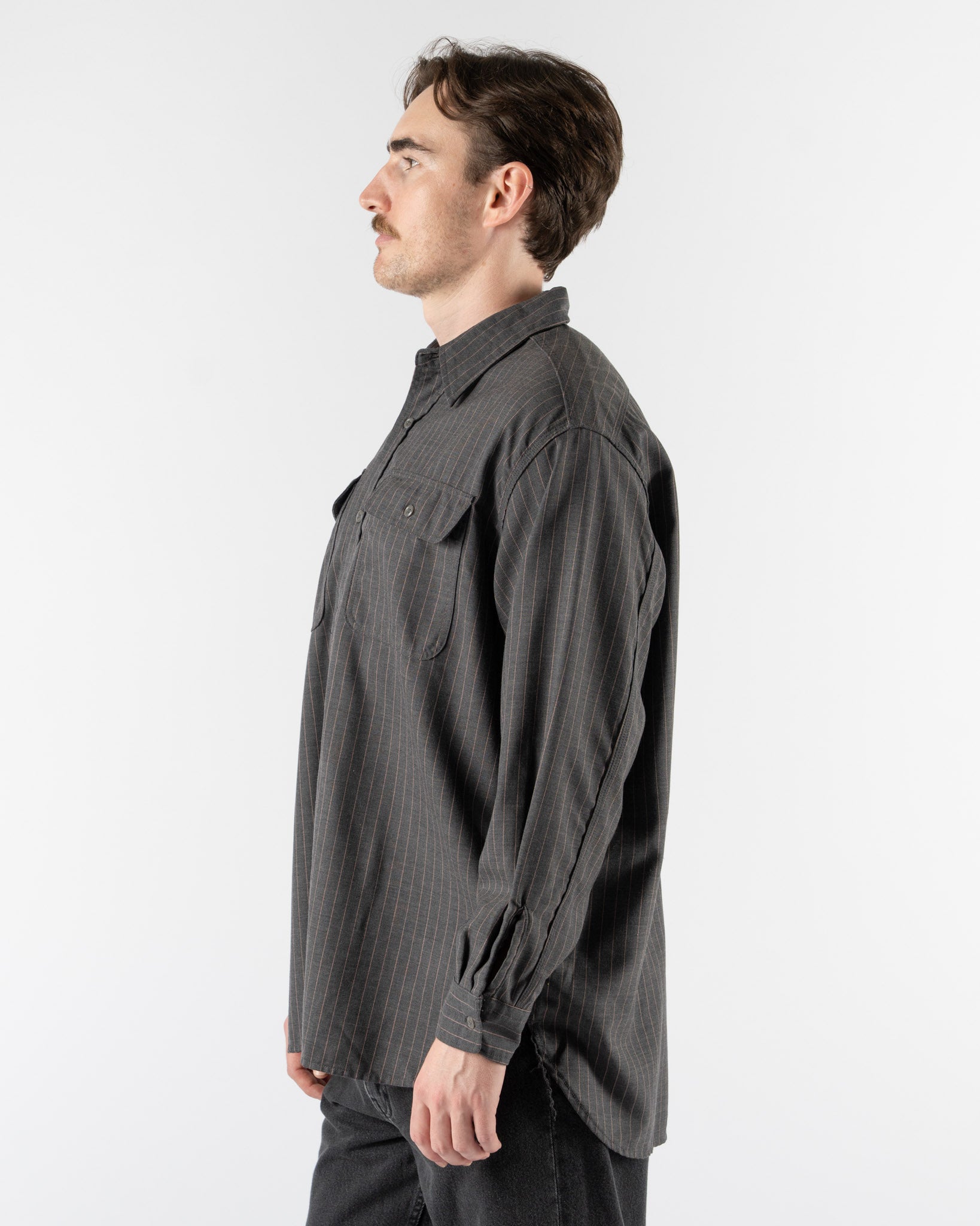 Beams Plus Work Uniform Serge Shirt in Grey/Pink Line