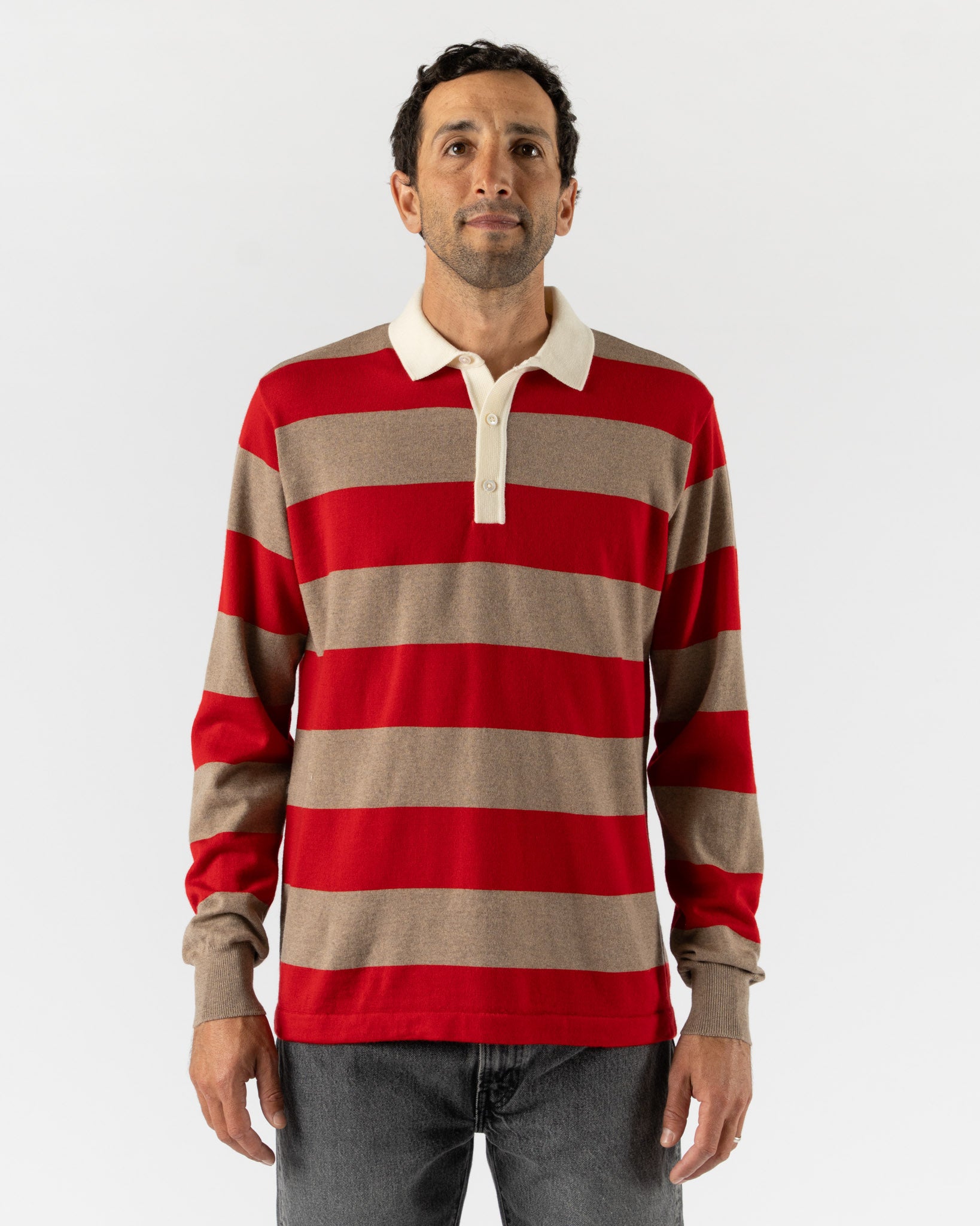 Drake's Block Stripe Knitted Rugby Shirt in Red & Camel