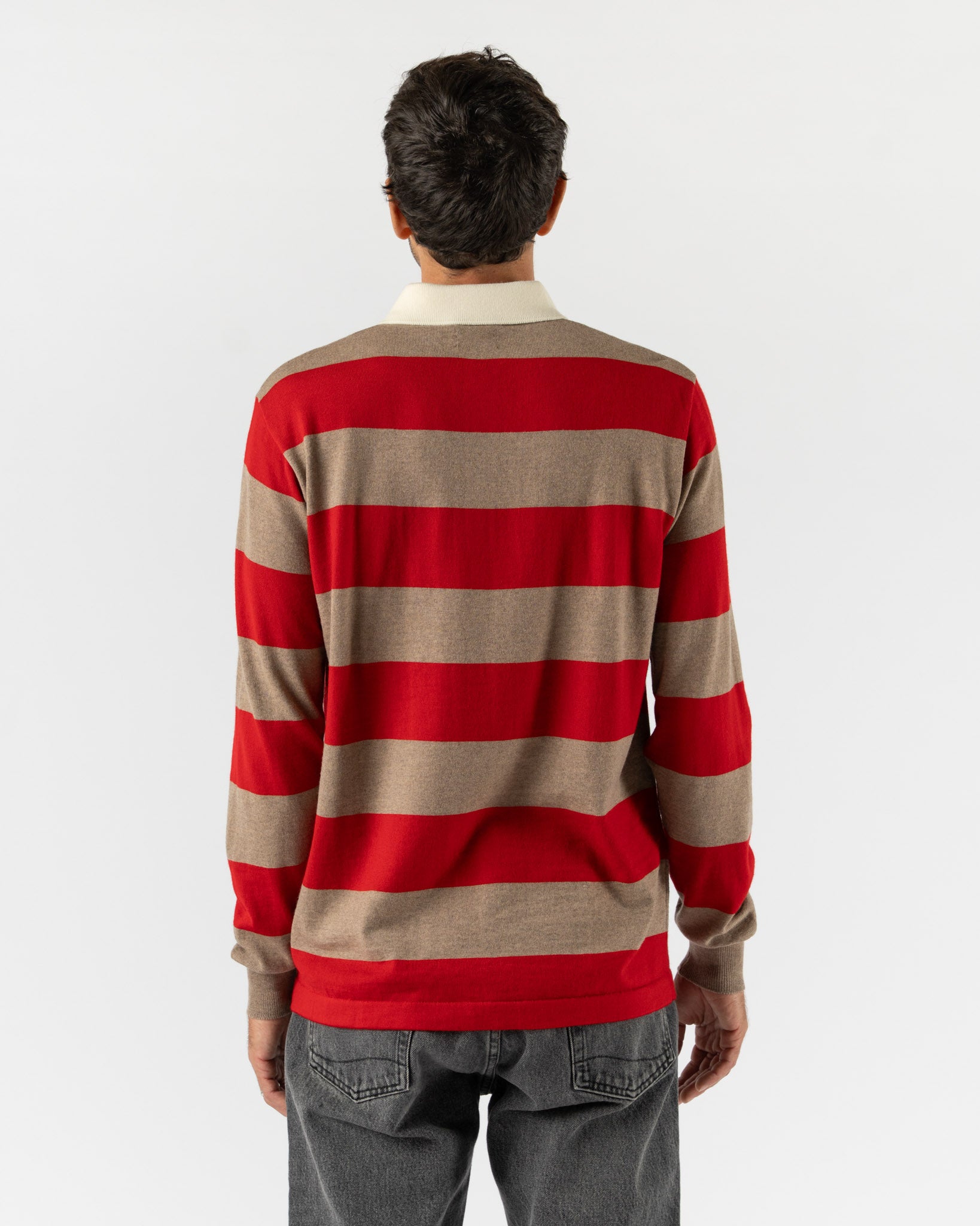 Drake's Block Stripe Knitted Rugby Shirt in Red & Camel