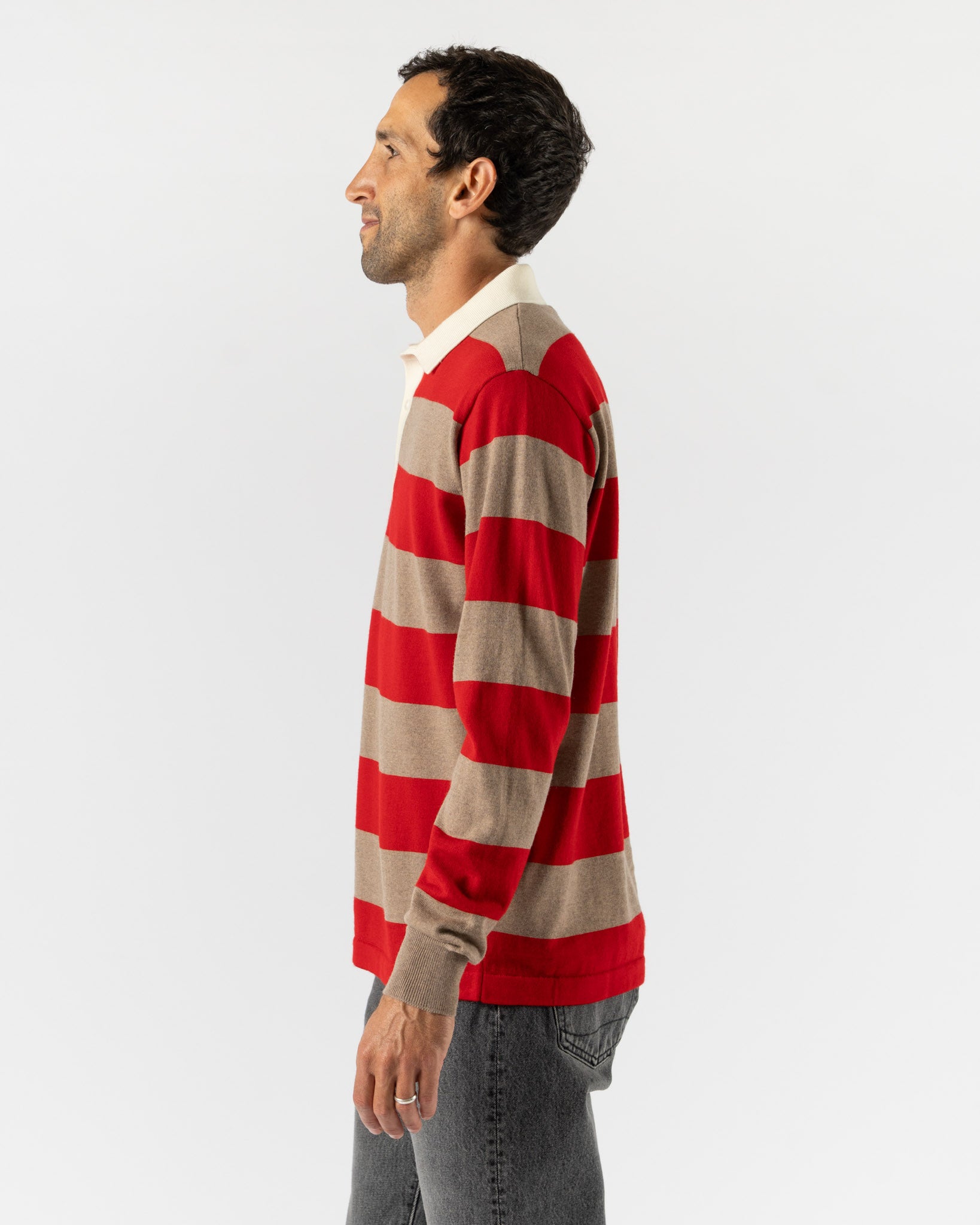 Drake's Block Stripe Knitted Rugby Shirt in Red & Camel
