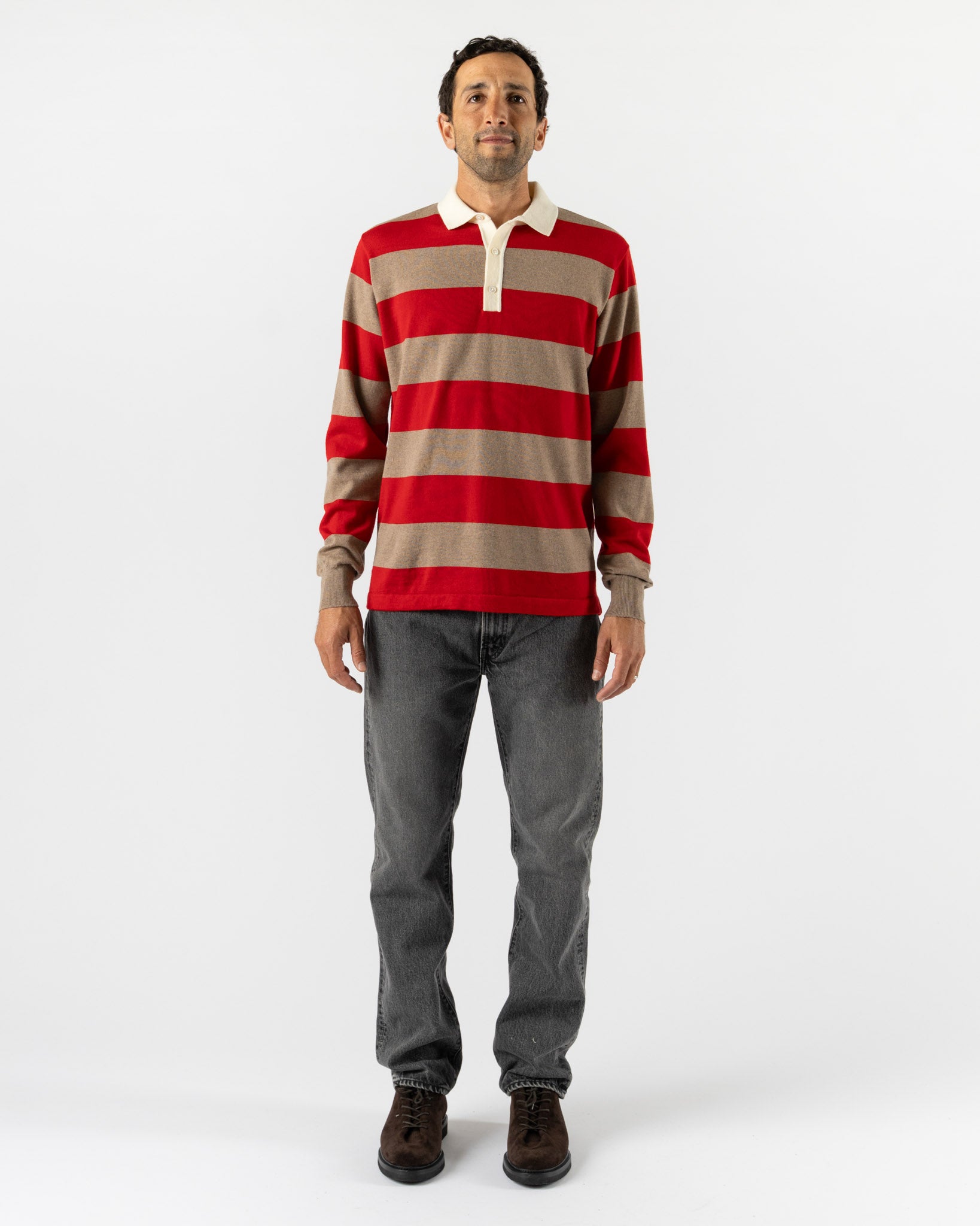 Drake's Block Stripe Knitted Rugby Shirt in Red & Camel