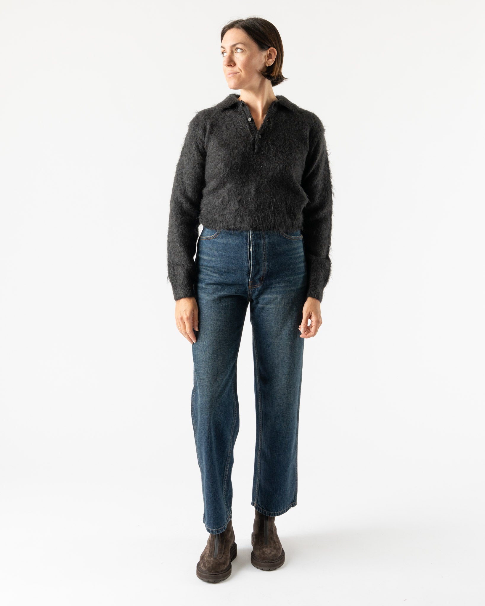 Auralee Brushed Super Kid Mohair Knit Polo in Ink Black Curated at