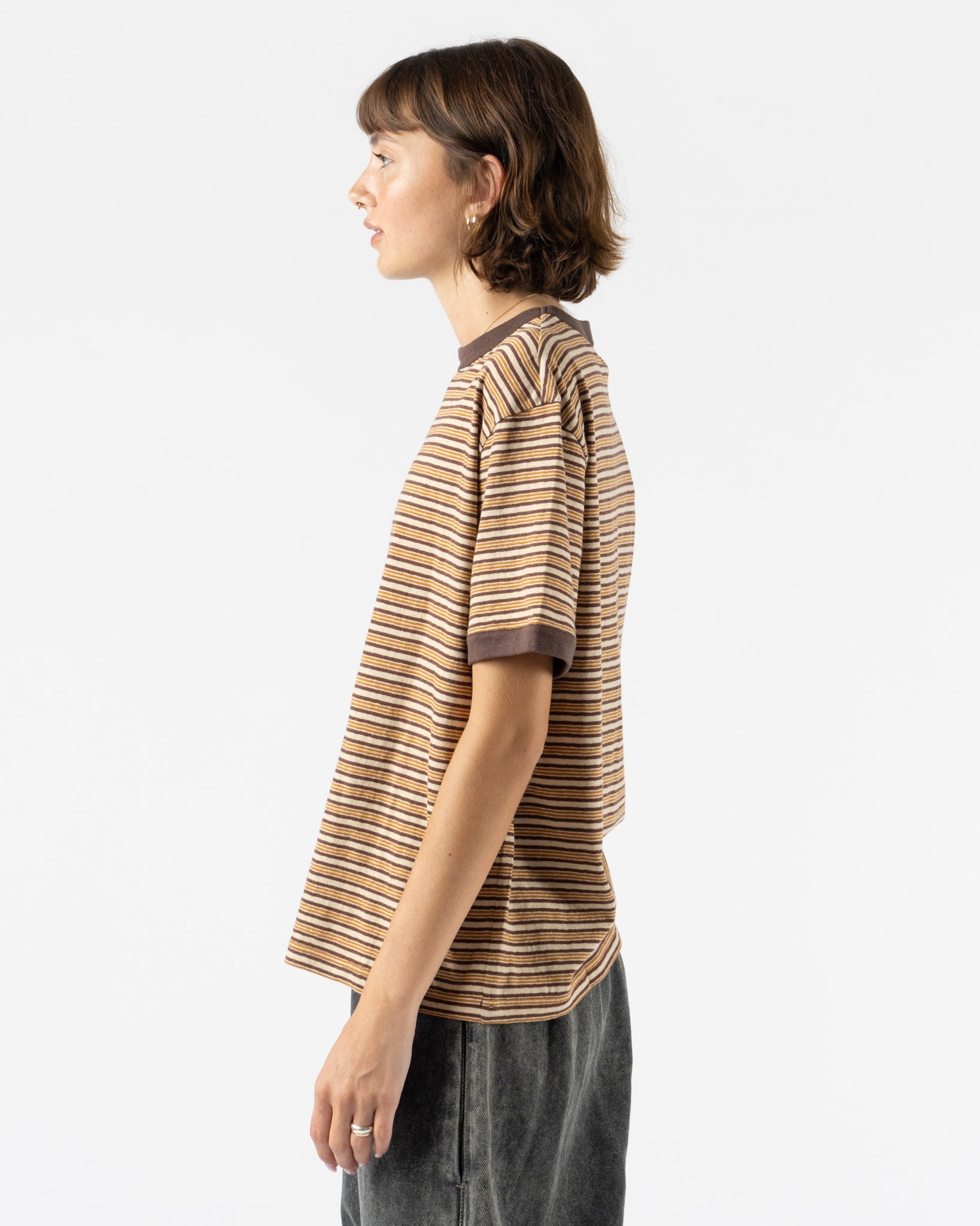 Cawley Japanese Jersey Short Sleeve T-Shirt in Brown Stripe