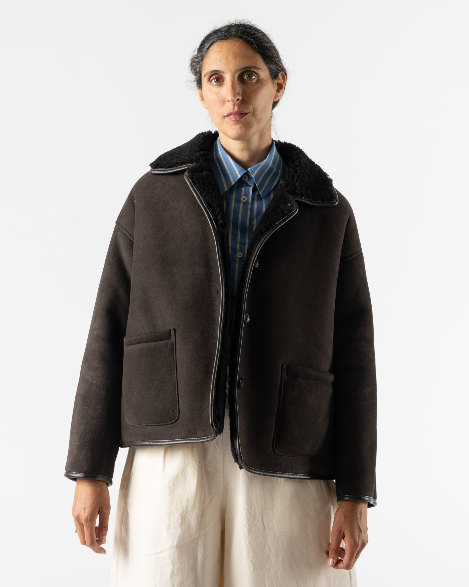 Cawley Suede Back Curly Hair Sheepskin Avis Jacket in Chocolate