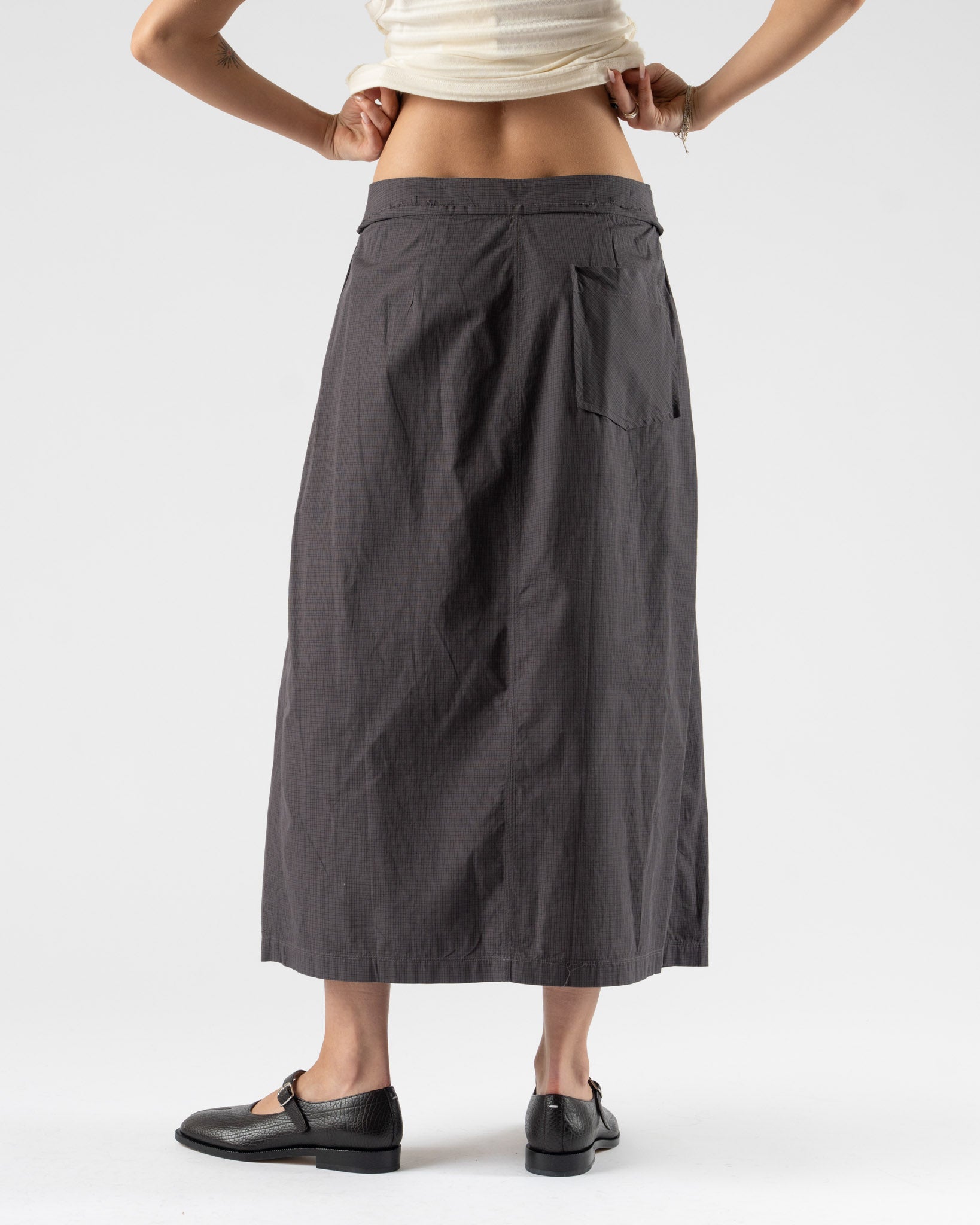 mfpen Classic Wrap Skirt in Mushroom Micro Check Poplin