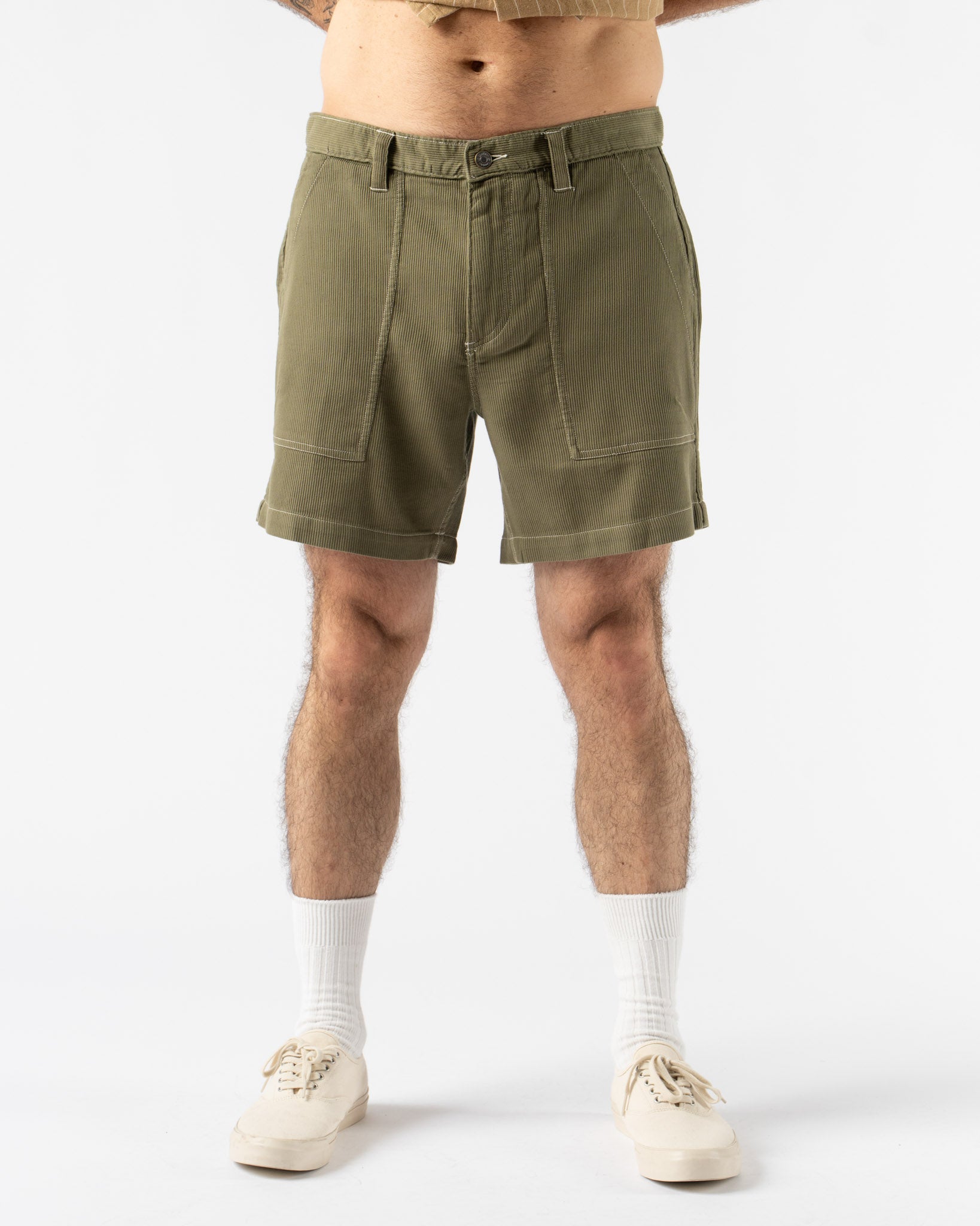Corridor Bedford Cord Camp Pocket Shorts in Olive