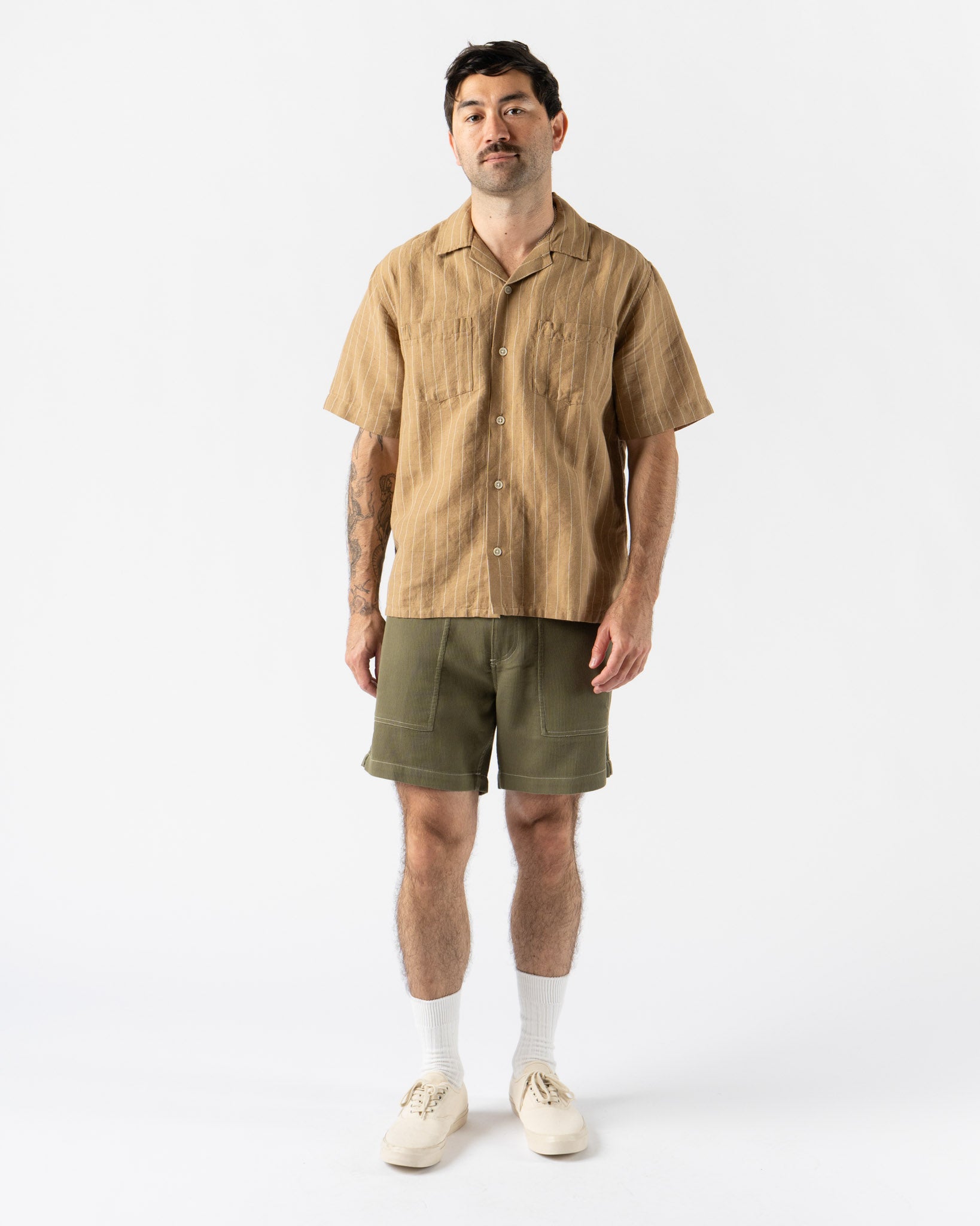 Corridor Bedford Cord Camp Pocket Shorts in Olive