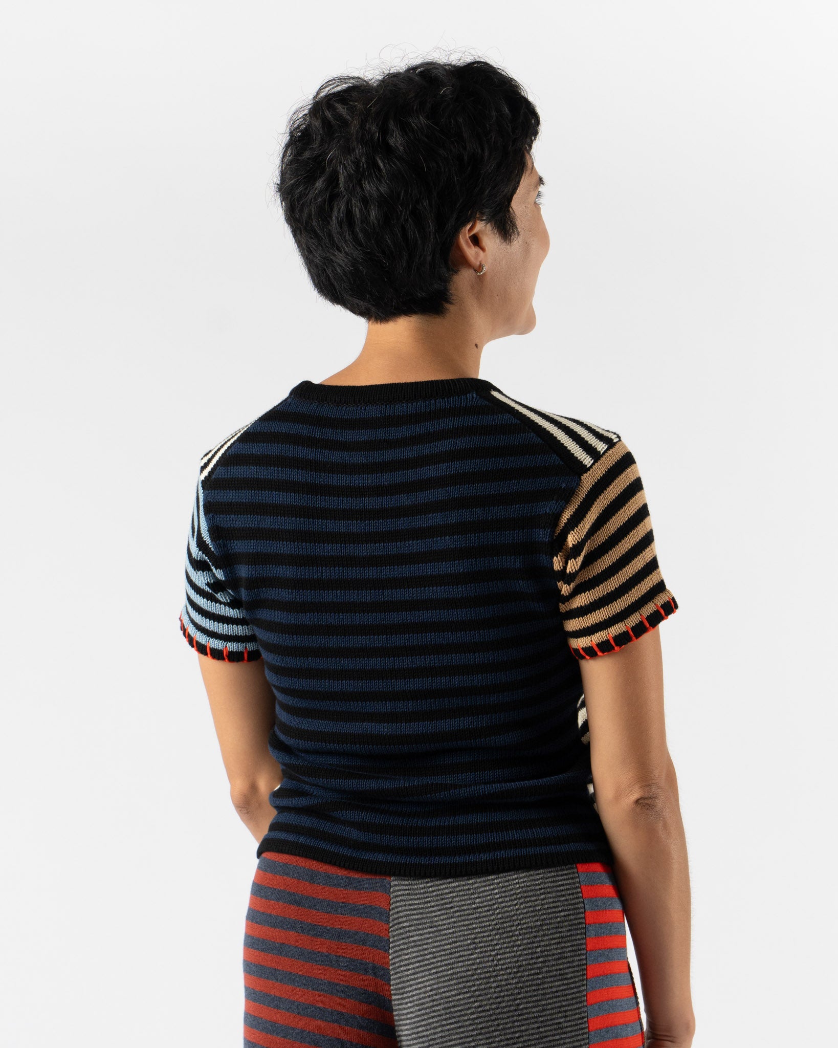 YanYan Cotton Bao Stripe Tee with Flowers in Black/White