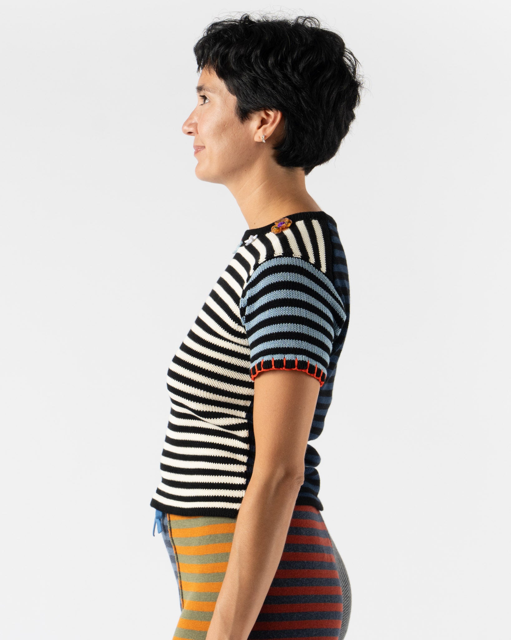 YanYan Cotton Bao Stripe Tee with Flowers in Black/White
