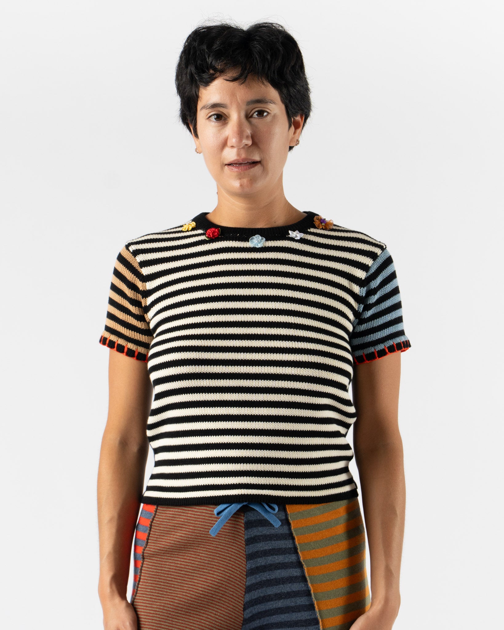YanYan Cotton Bao Stripe Tee with Flowers in Black/White