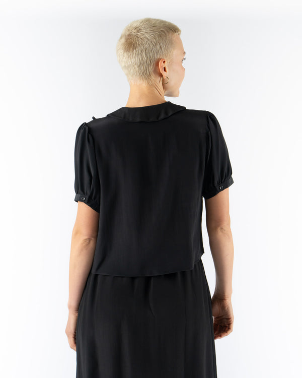 Simone Rocha Cropped Bow Slit Puff Sleeve Shirt in Black Crepe de Chine