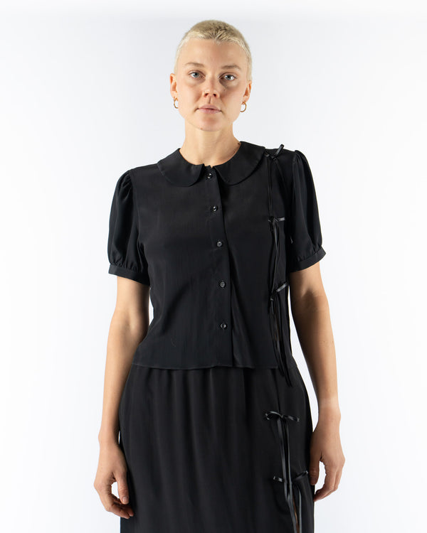 Simone Rocha Cropped Bow Slit Puff Sleeve Shirt in Black Crepe de Chine