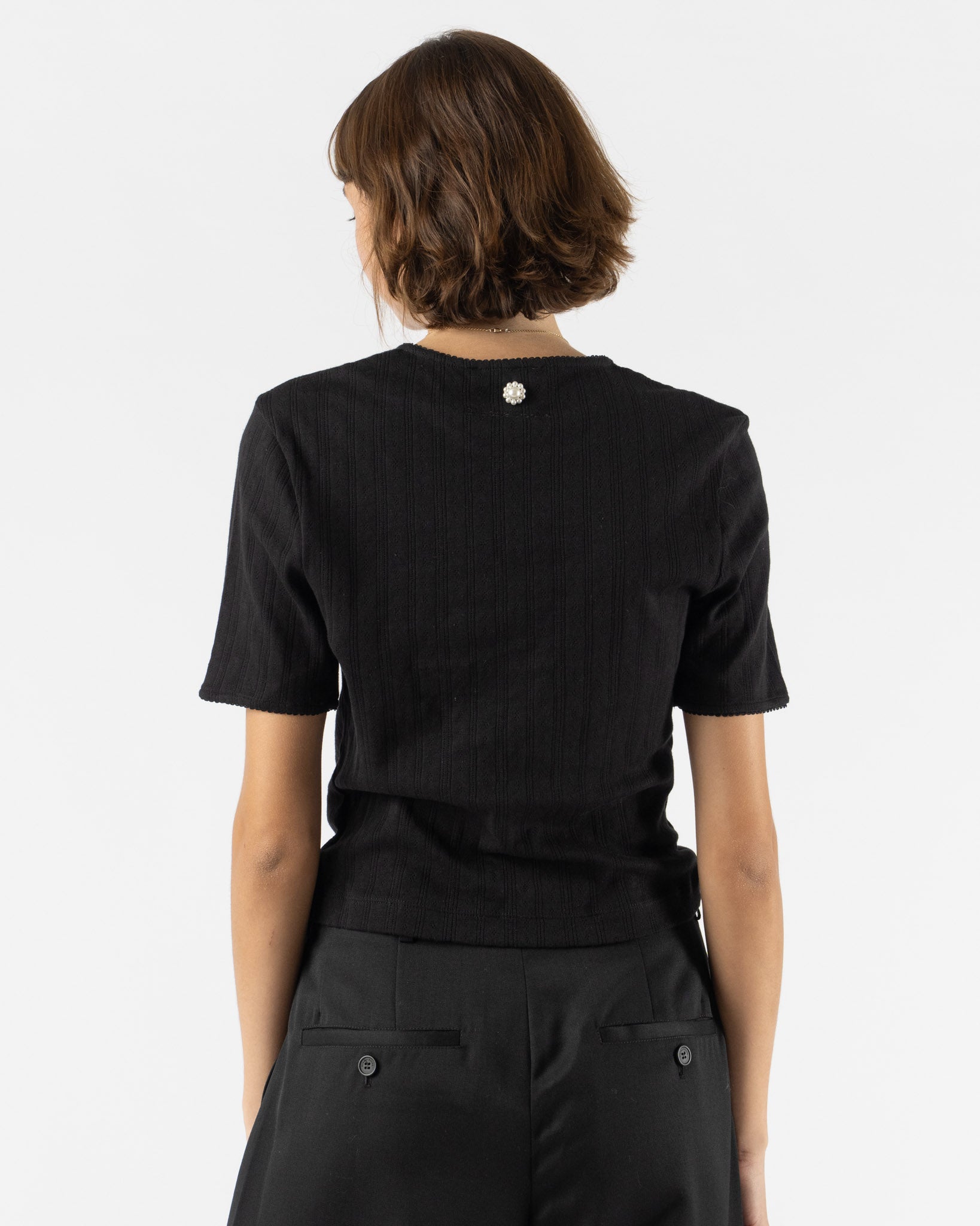 Simone Rocha Cropped Pointelle T-Shirt with Daisy in Black