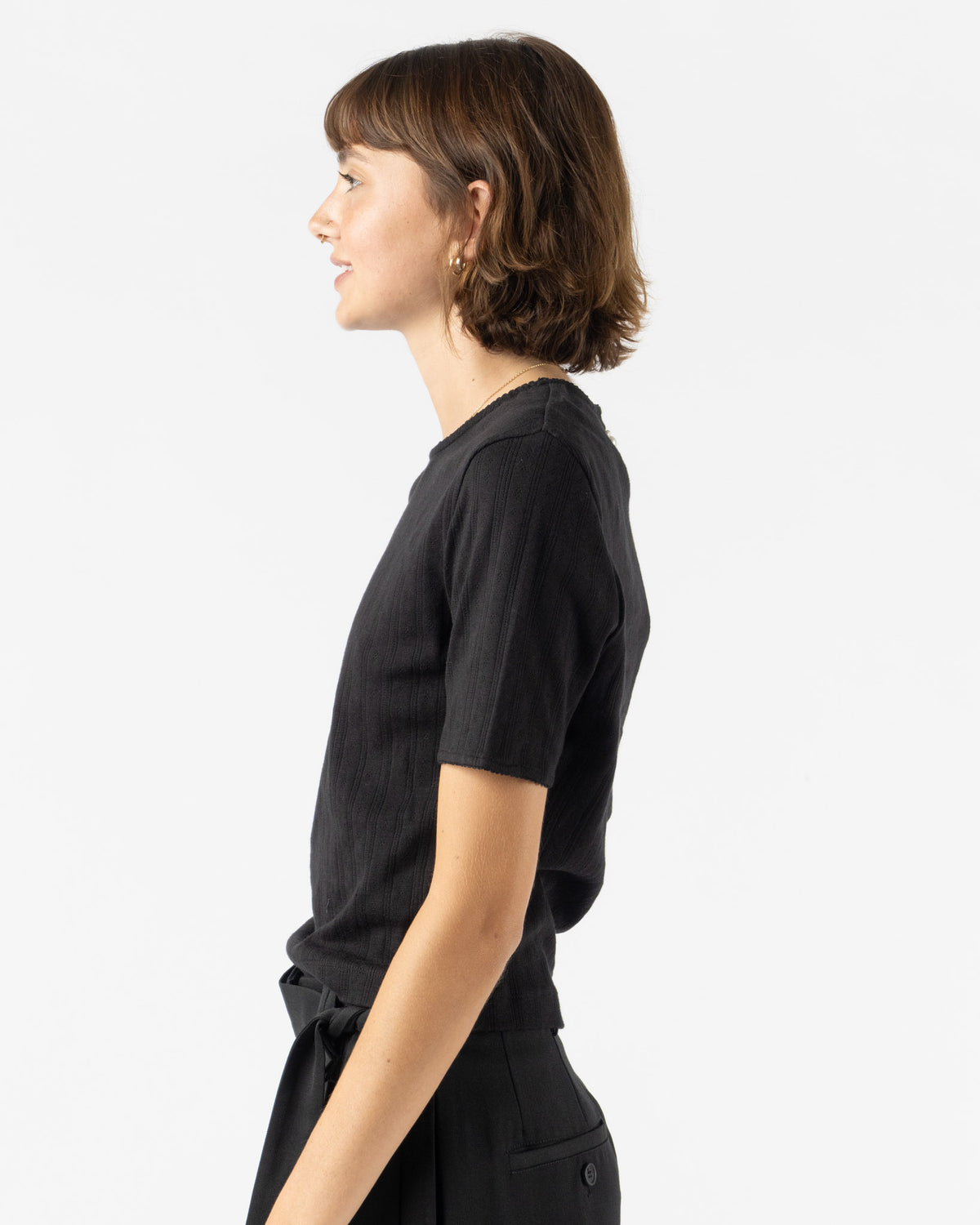 Simone Rocha Cropped Pointelle T-Shirt with Daisy in Black