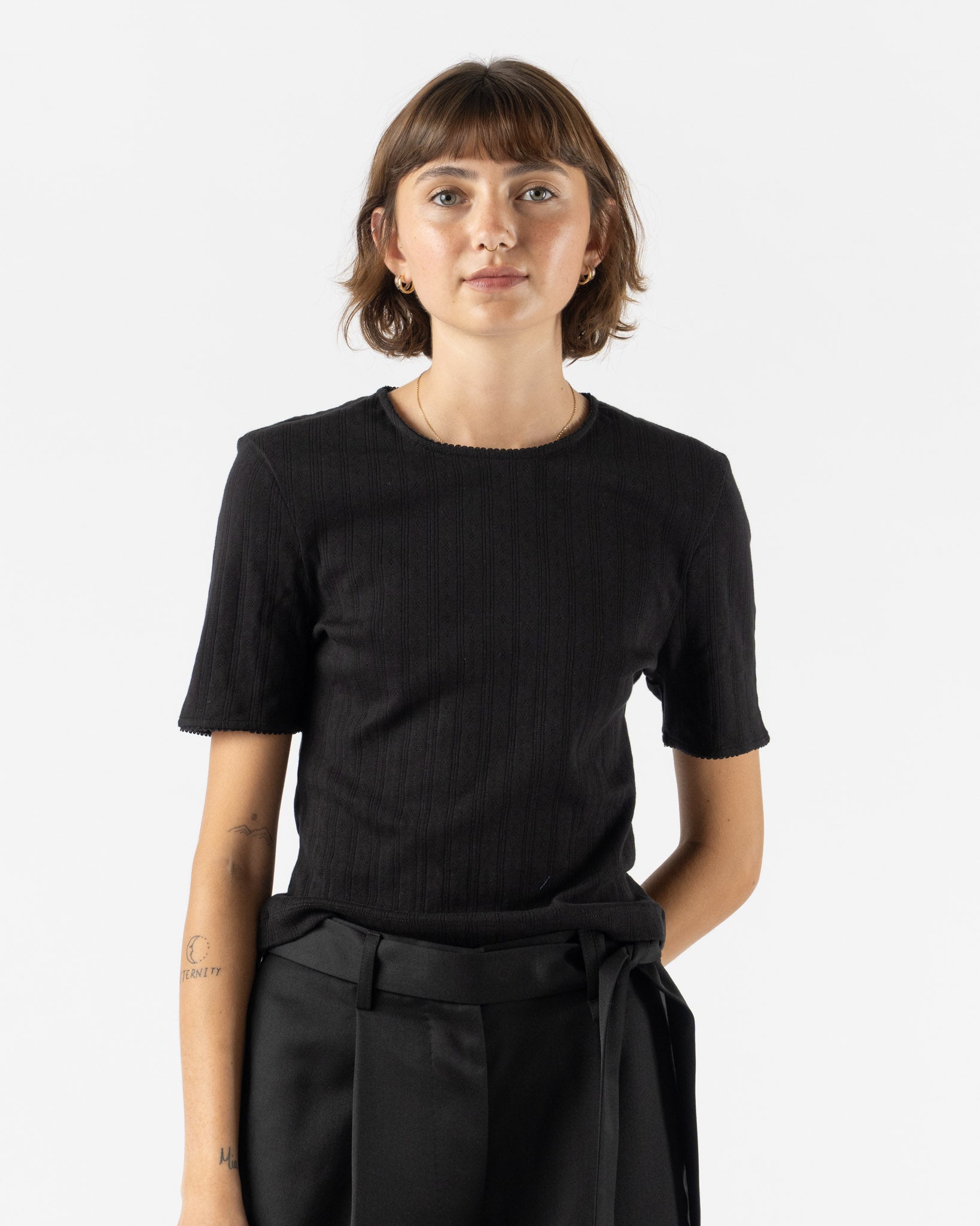 Simone Rocha Cropped Pointelle T-Shirt with Daisy in Black