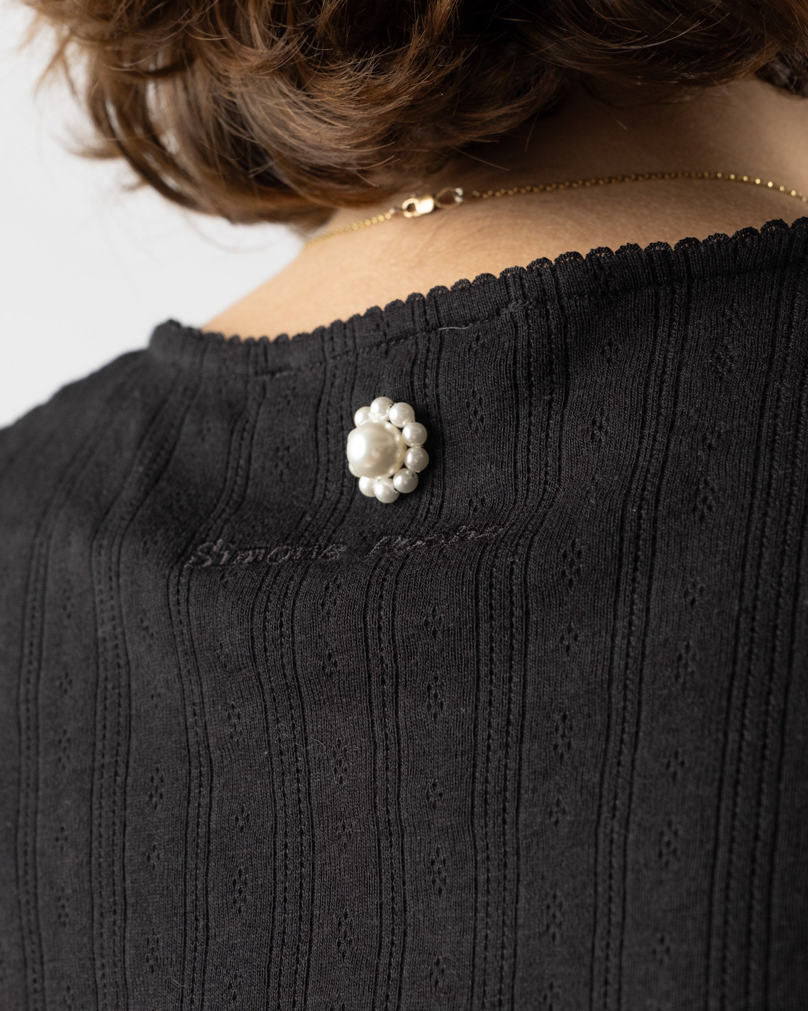 Simone Rocha Cropped Pointelle T-Shirt with Daisy in Black