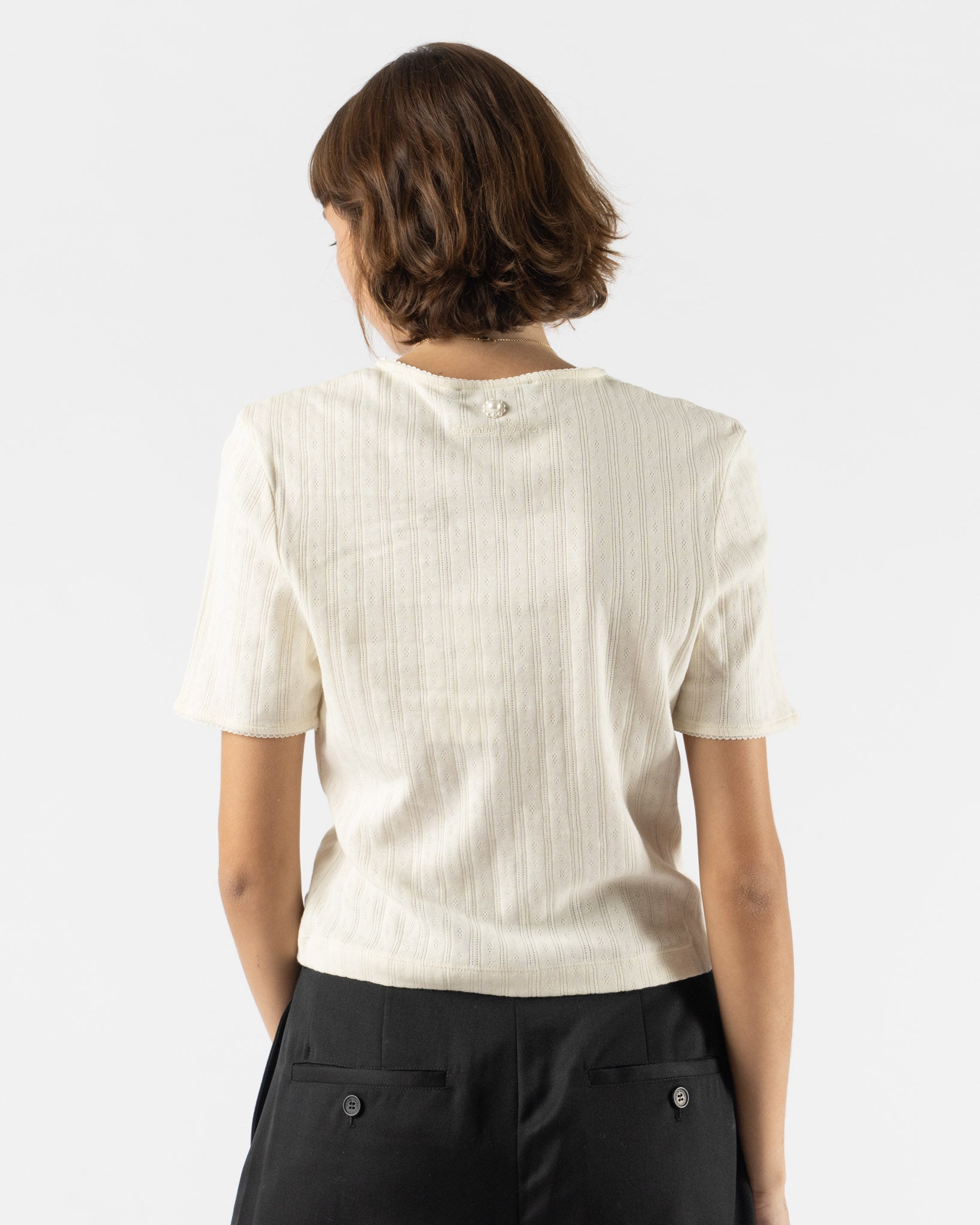 Simone Rocha Cropped Pointelle T-Shirt with Daisy in Ecru