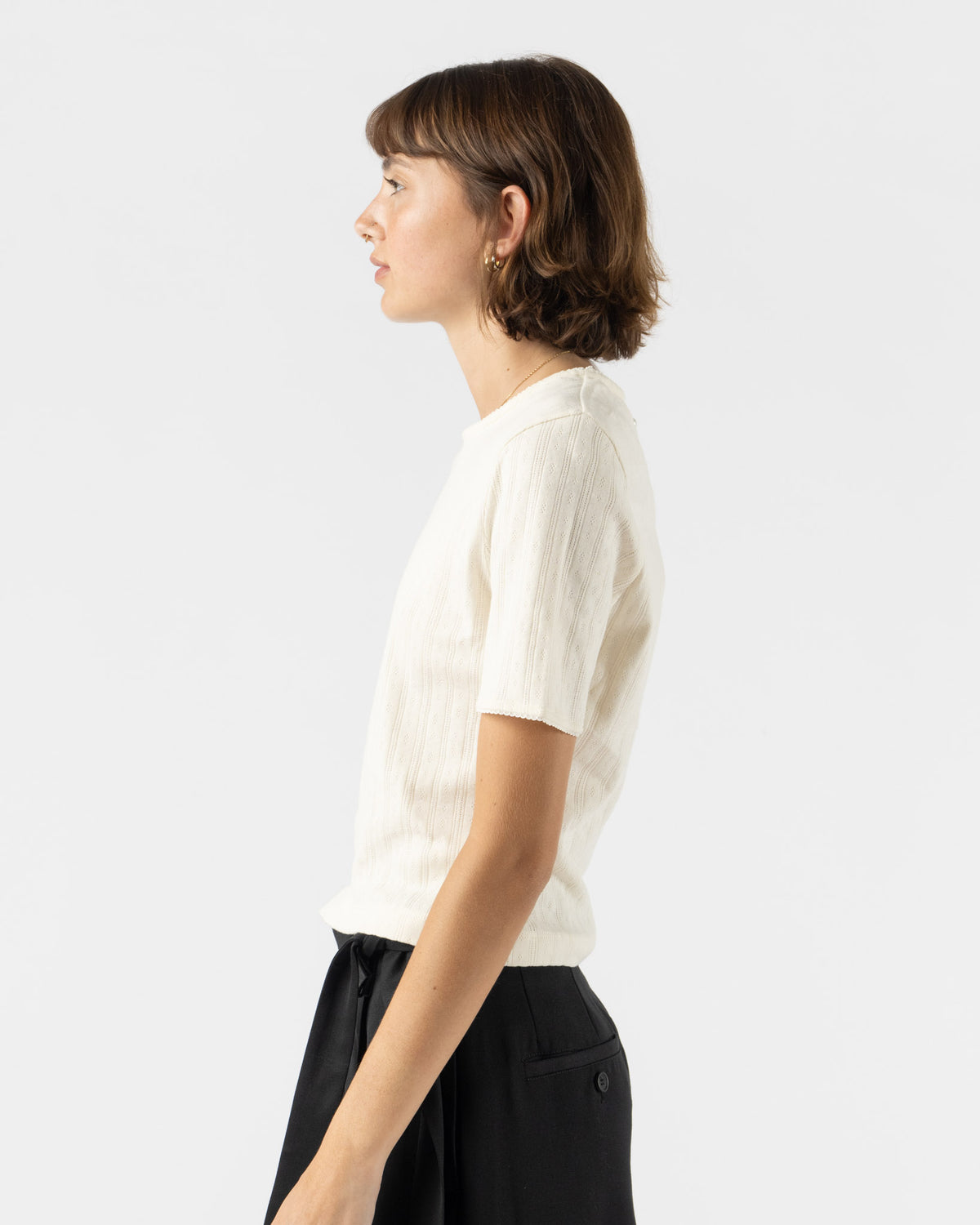 Simone Rocha Cropped Pointelle T-Shirt with Daisy in Ecru