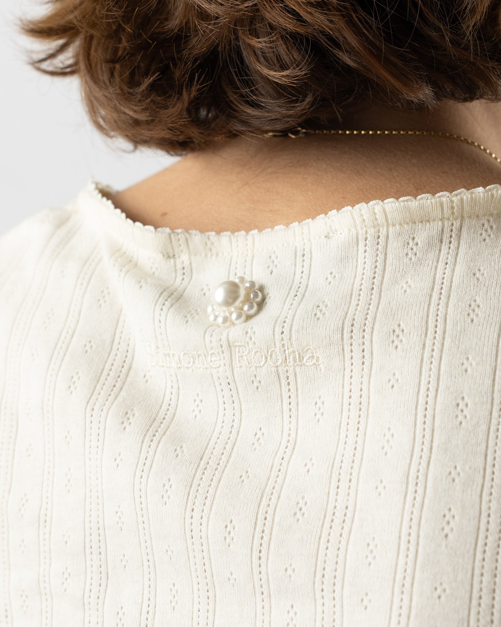 Simone Rocha Cropped Pointelle T-Shirt with Daisy in Ecru