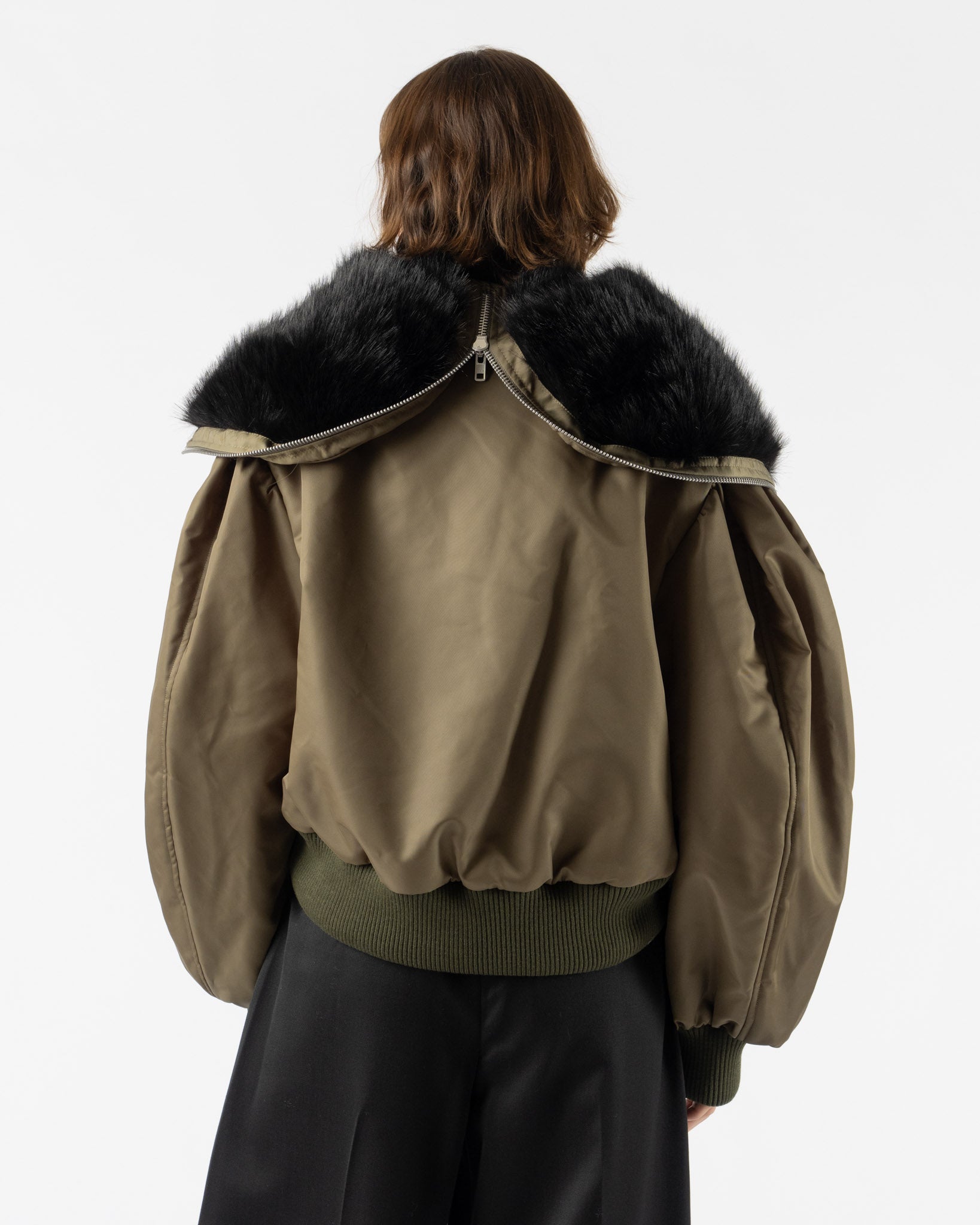 Simone Rocha Cropped Split Faux Fur Hood Bomber Jacket Khaki/Black