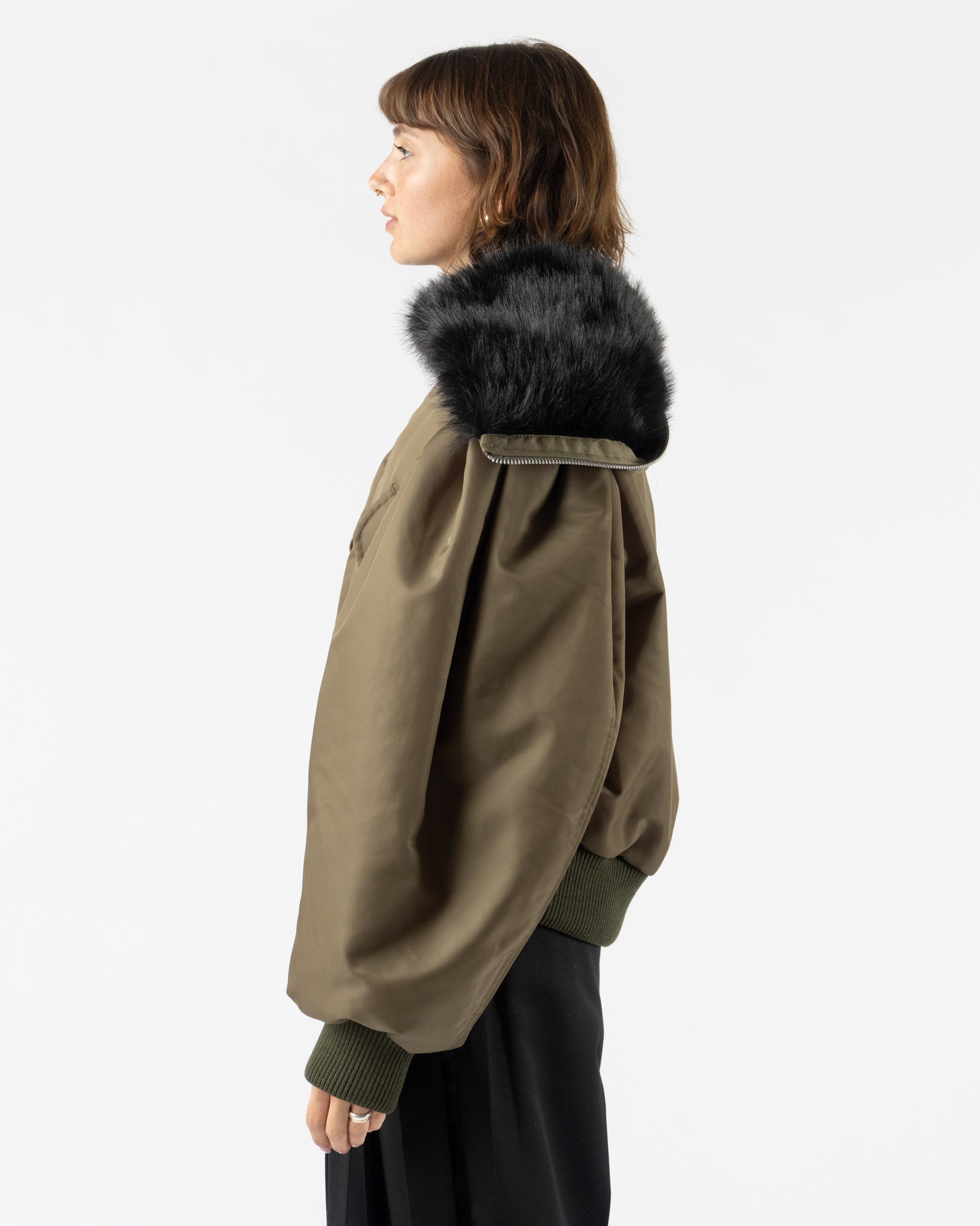 Simone Rocha Cropped Split Faux Fur Hood Bomber Jacket Khaki/Black