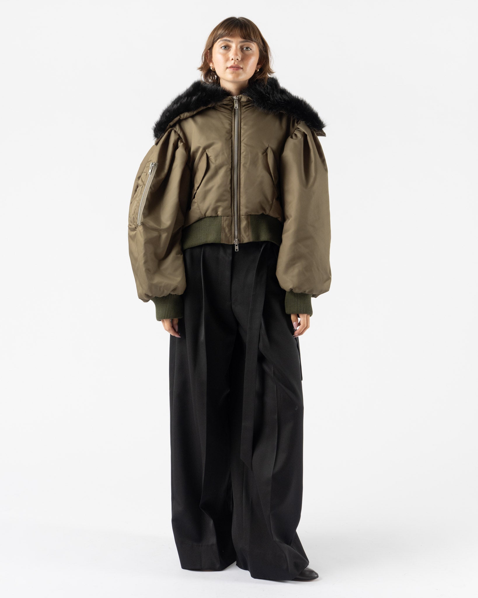 Simone Rocha Cropped Split Faux Fur Hood Bomber Jacket Khaki/Black