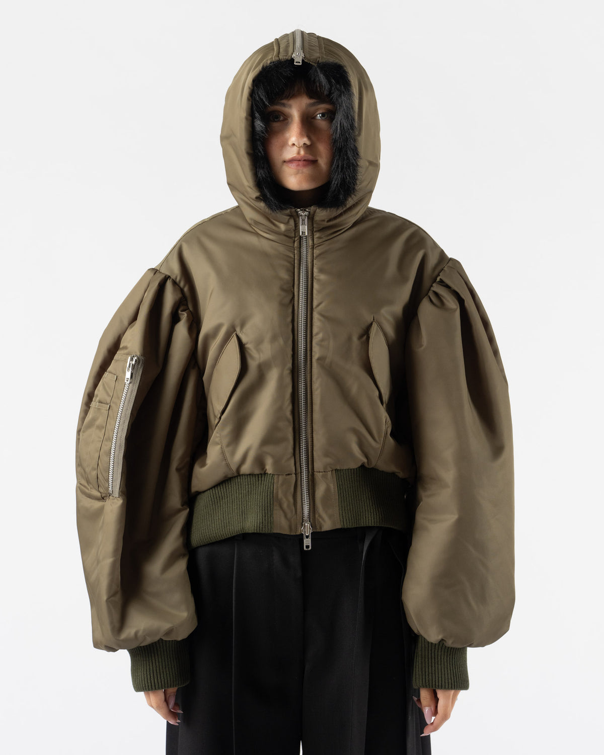 Simone Rocha Cropped Split Faux Fur Hood Bomber Jacket Khaki/Black