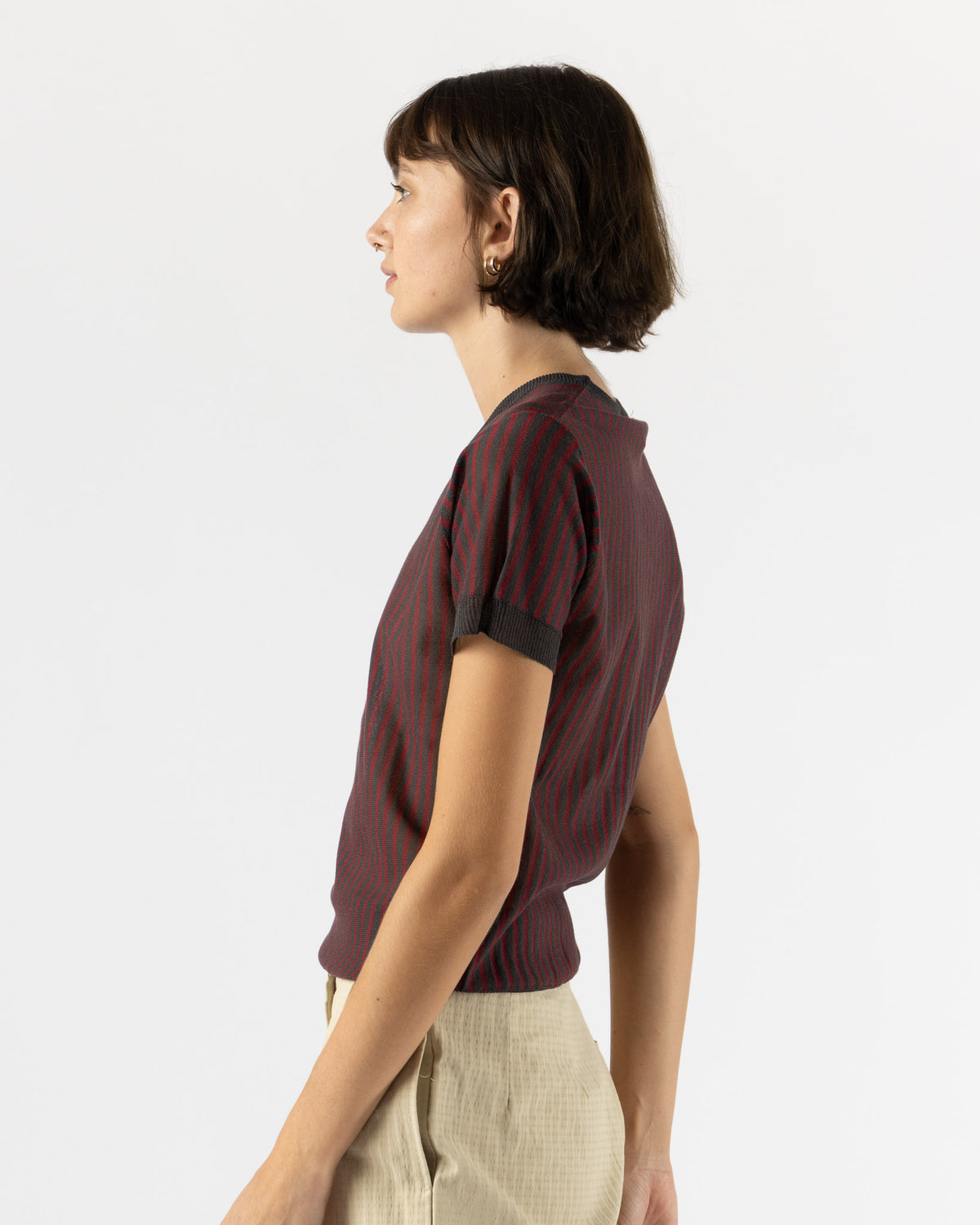 Deiji Studios Cross Neck Tee in Red Stripe