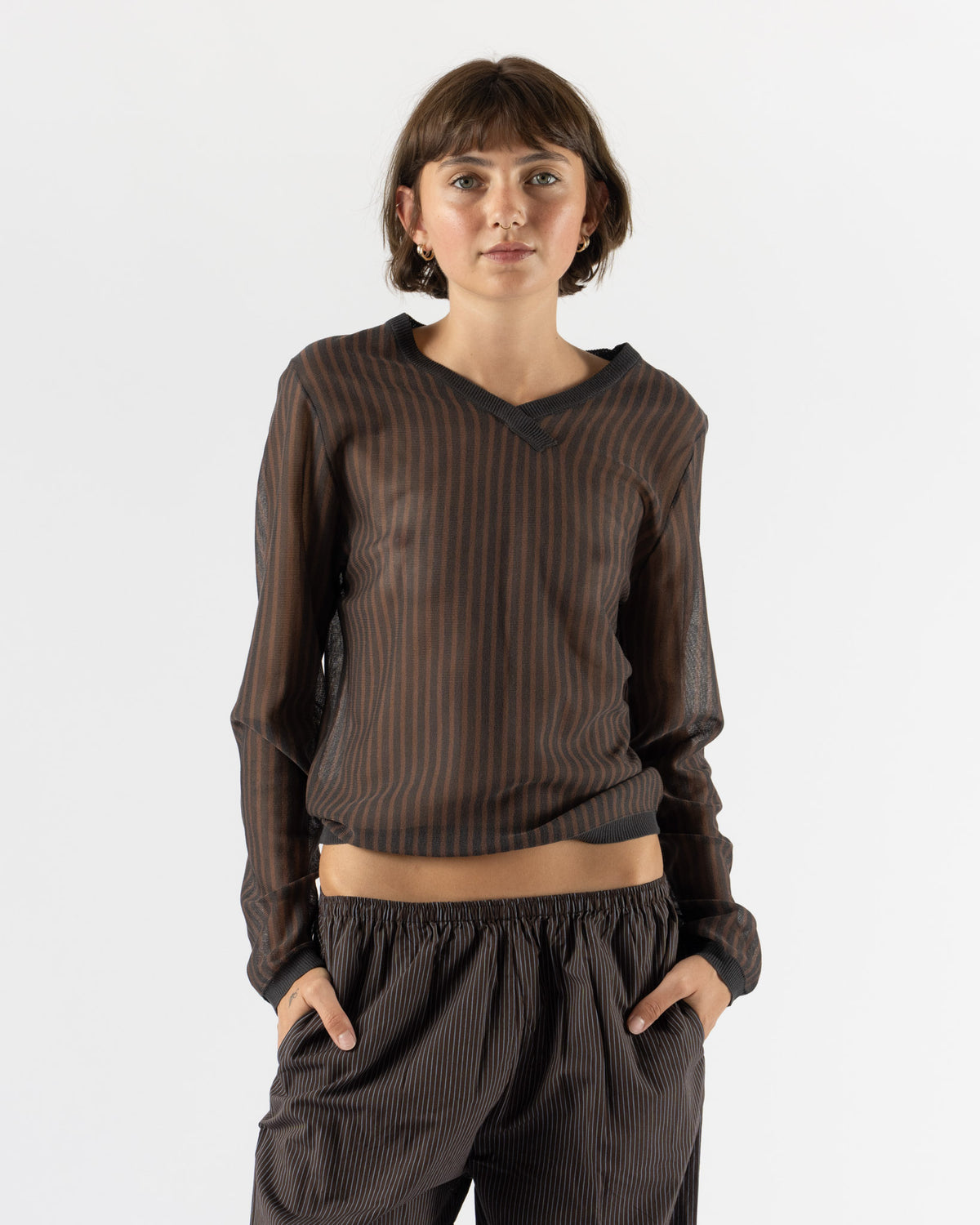 Deiji Studios Stripe Long Sleeve in Brown Grey Stripe