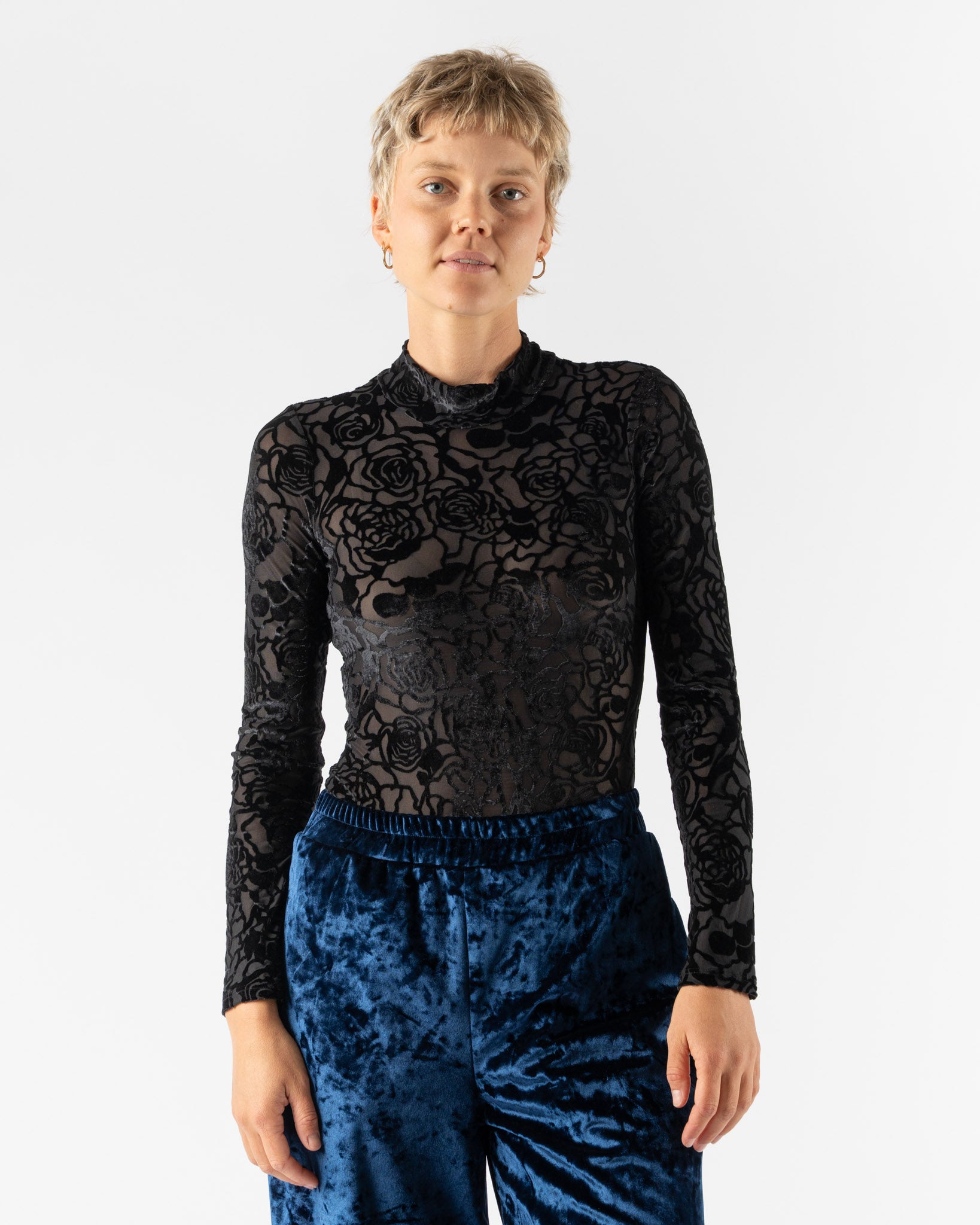 Simone Wild Devore Print High Neck LS Bodysuit in Black
