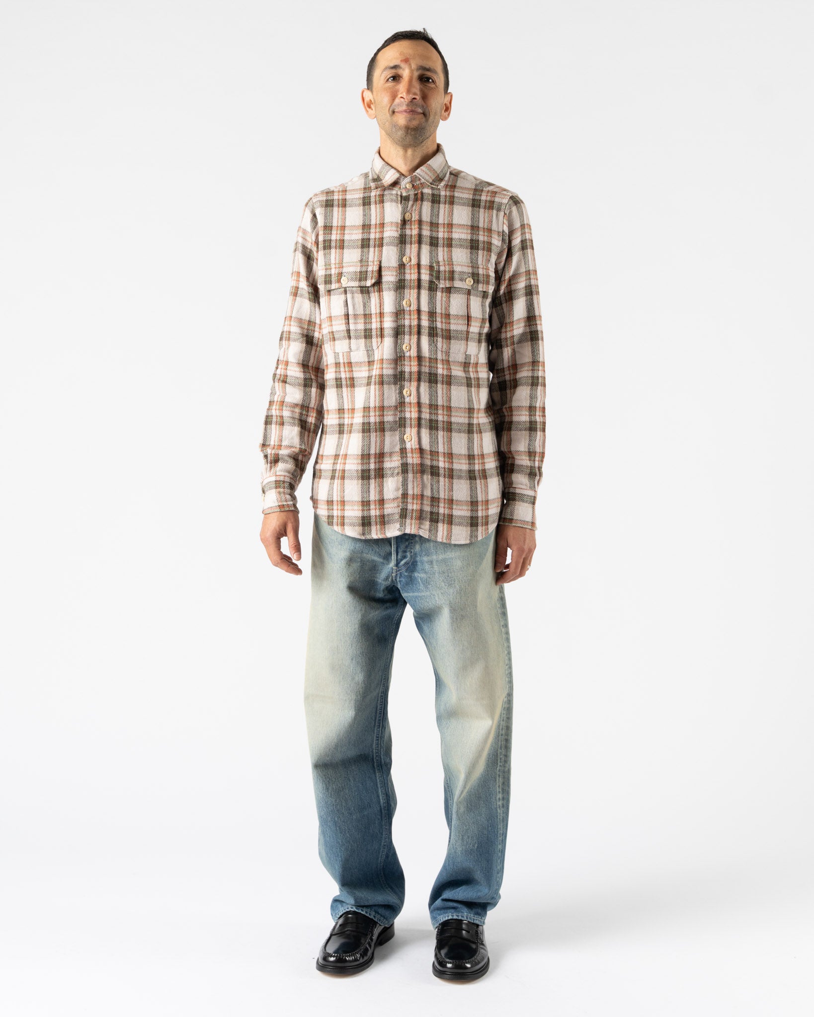 Drake's Heavy Cotton Work Shirt in Ecru, Clay, & Green Curated at