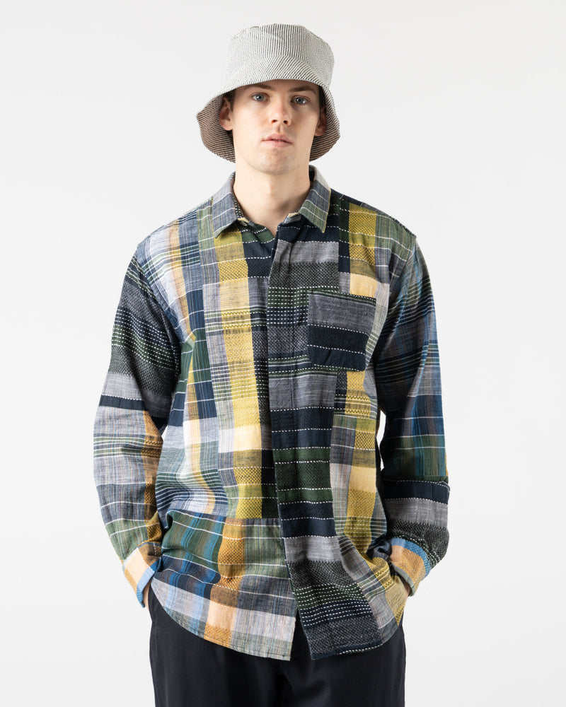 Engineered Garments Combo Short Collar Shirt in Navy/Yellow/Green