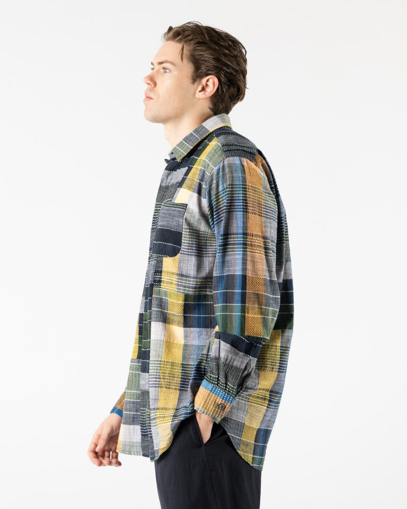 Engineered Garments Combo Short Collar Shirt in Navy/Yellow/Green