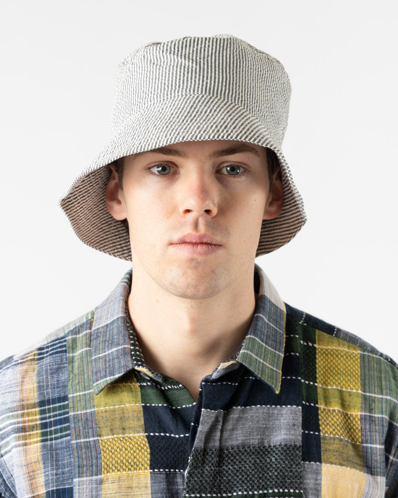 Engineered Garments Bucket Hat in Navy Cotton Seersucker Stripe